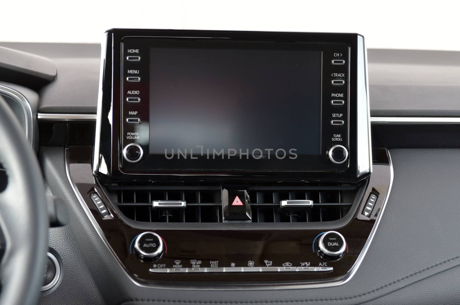 Modern car dashboard. Screen multimedia system. Interior detail