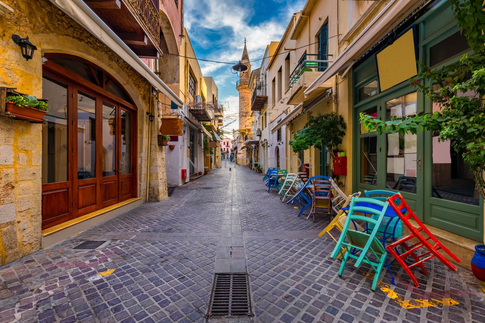 Street in the old town of Chania, Crete, Greece. Charming streets of Greek islands, Crete. Beautiful street in Chania, Crete island, Greece. Summer landscape. Chania old street of Crete island Greece.