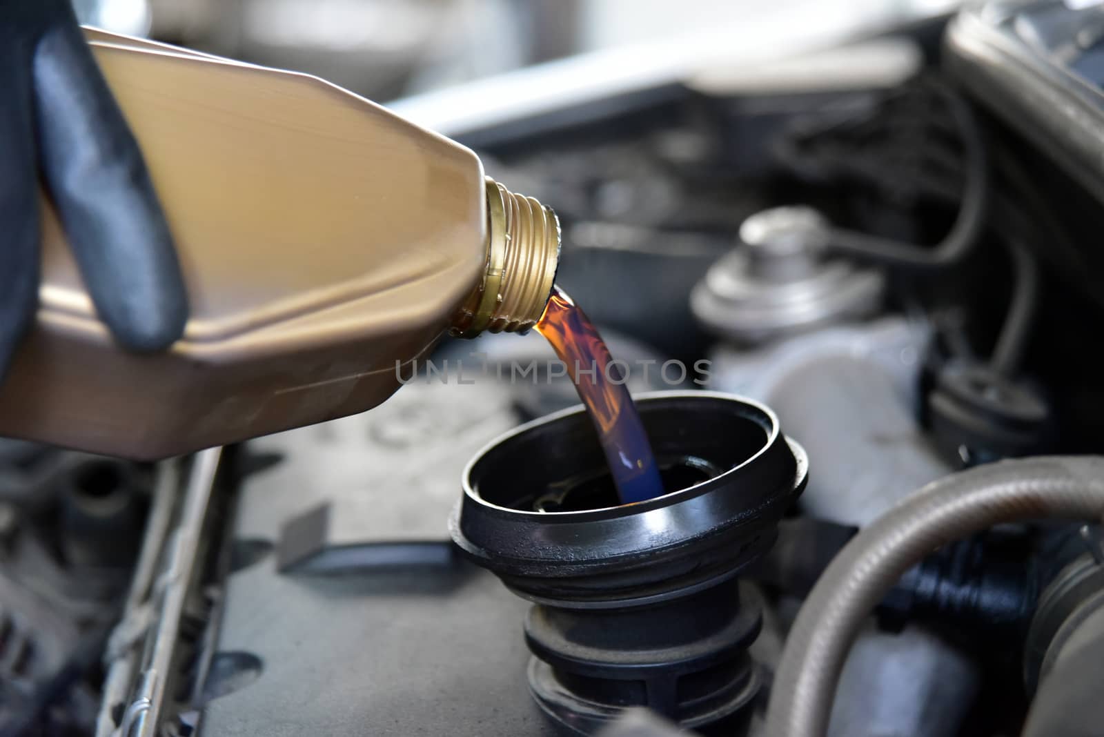 man's hand holding a bowl of motor oil and poured into the engine