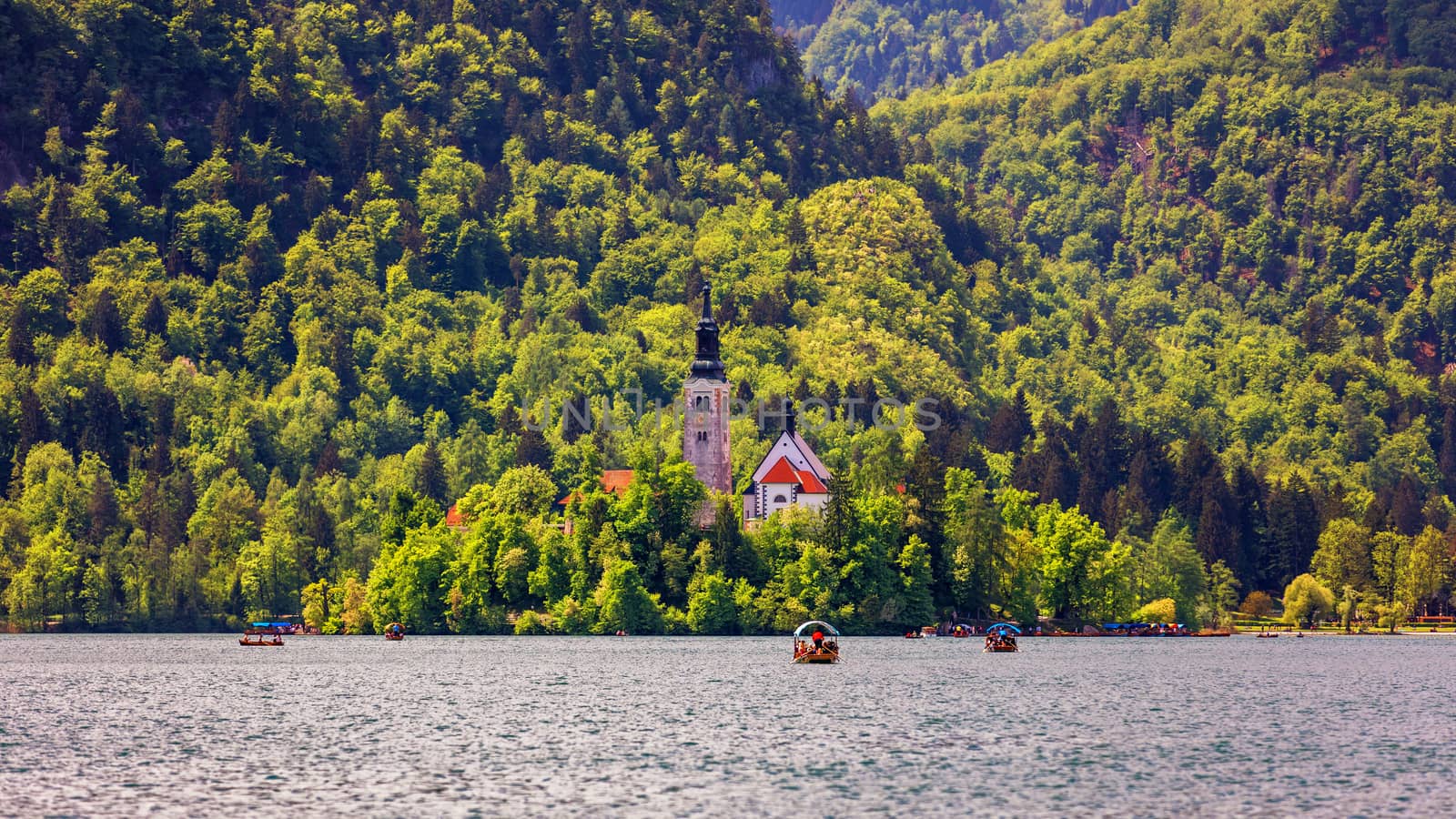 Lake Bled with St. Marys Church of Assumption on small island. Bled, Slovenia, Europe. The Church of the Assumption, Bled, Slovenia. The Lake Bled and Santa Maria Church near Bled, Slovenia.