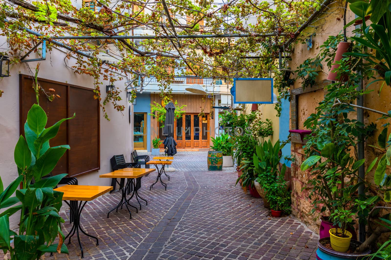 Street in the old town of Chania, Crete, Greece. Charming streets of Greek islands, Crete. Beautiful street in Chania, Crete island, Greece. Summer landscape. Chania old street of Crete island Greece.