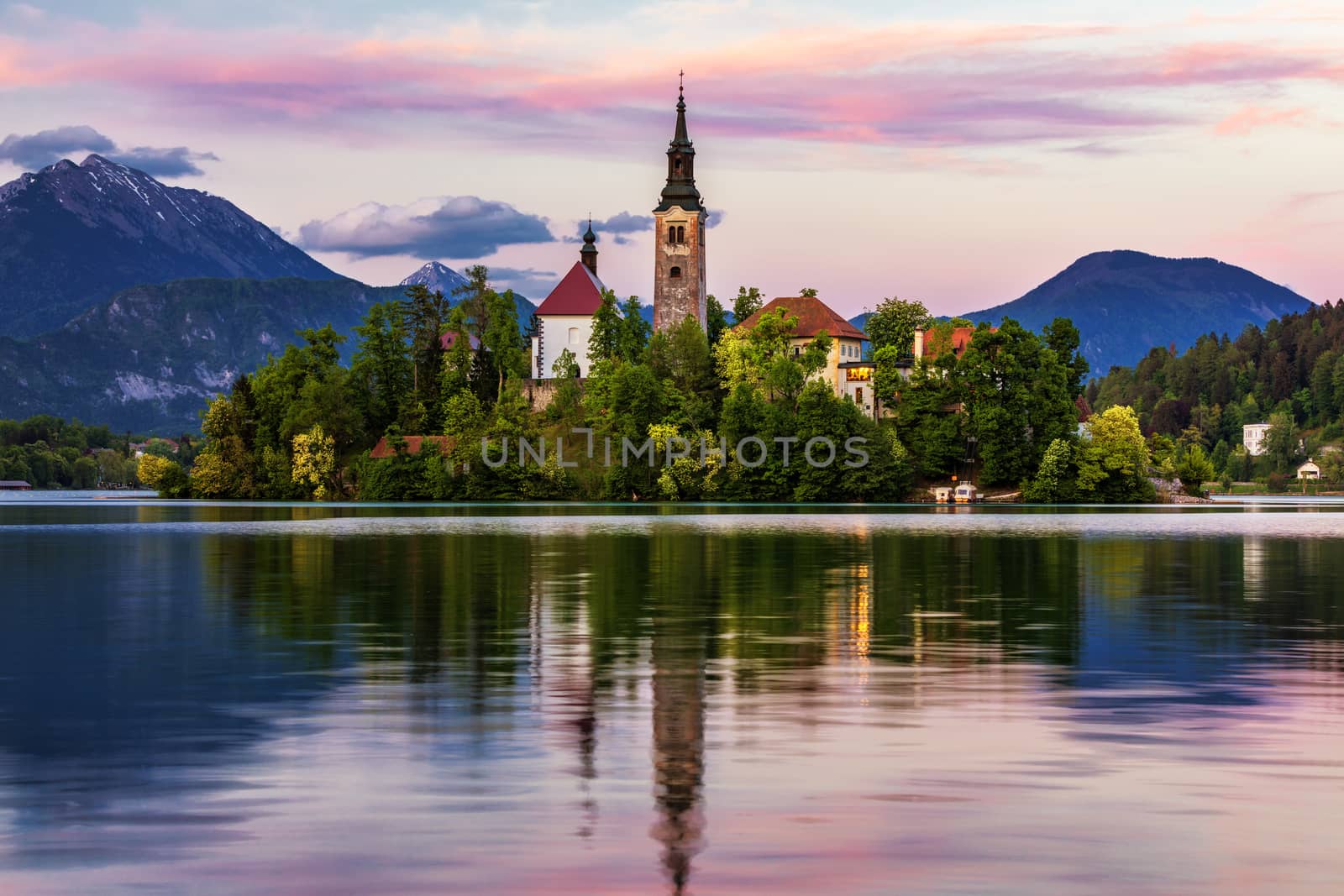 Lake Bled with St. Marys Church of Assumption on small island. Bled, Slovenia, Europe. The Church of the Assumption, Bled, Slovenia. The Lake Bled and Santa Maria Church near Bled, Slovenia.