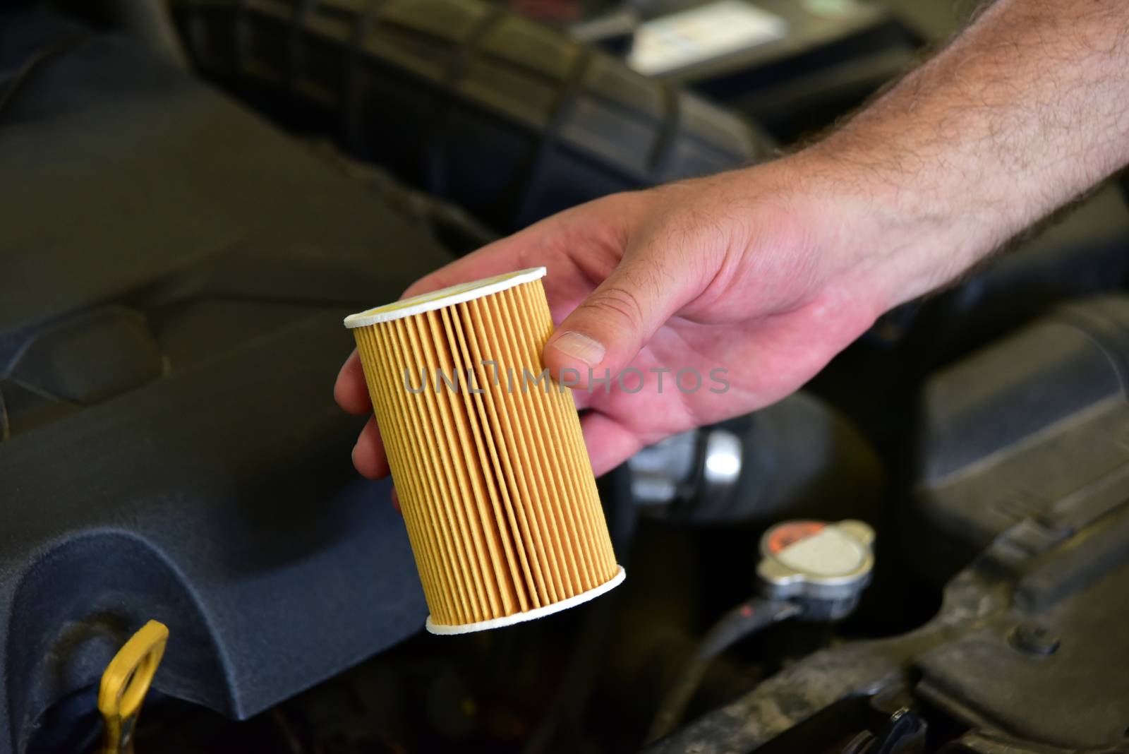 Repairman holding an new car oil filter