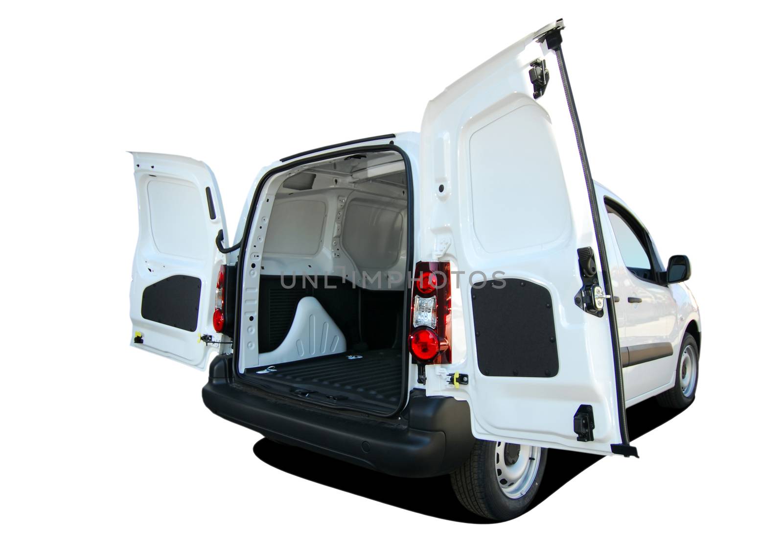 Empty white small van with rear doors opened