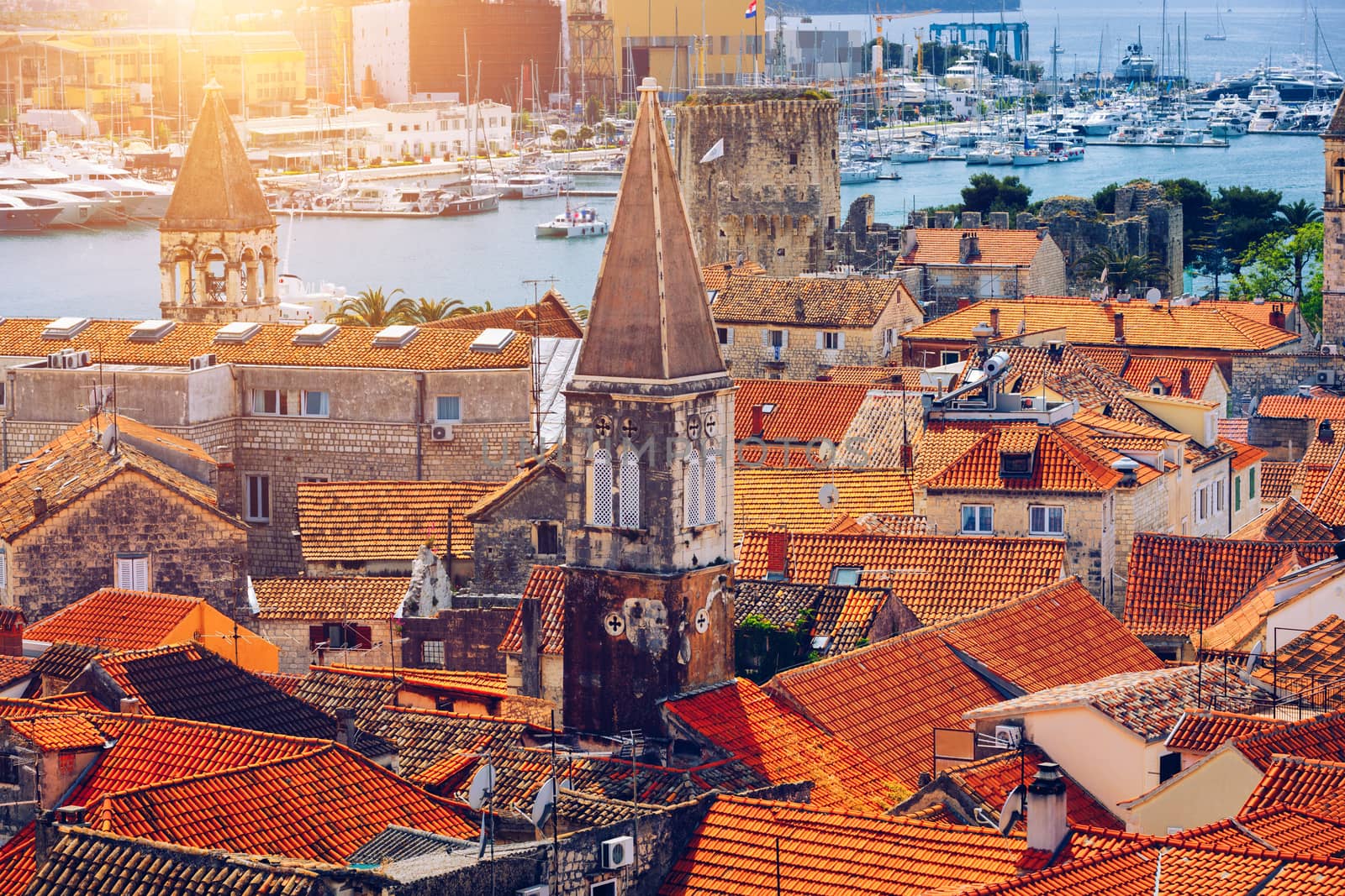 View at town Trogir, old touristic place in Croatia Europe. Trogir town coastal view. Magnificent Trogir, Croatia. Sunny old Venetian town, Dalmatian Coast in Croatia.