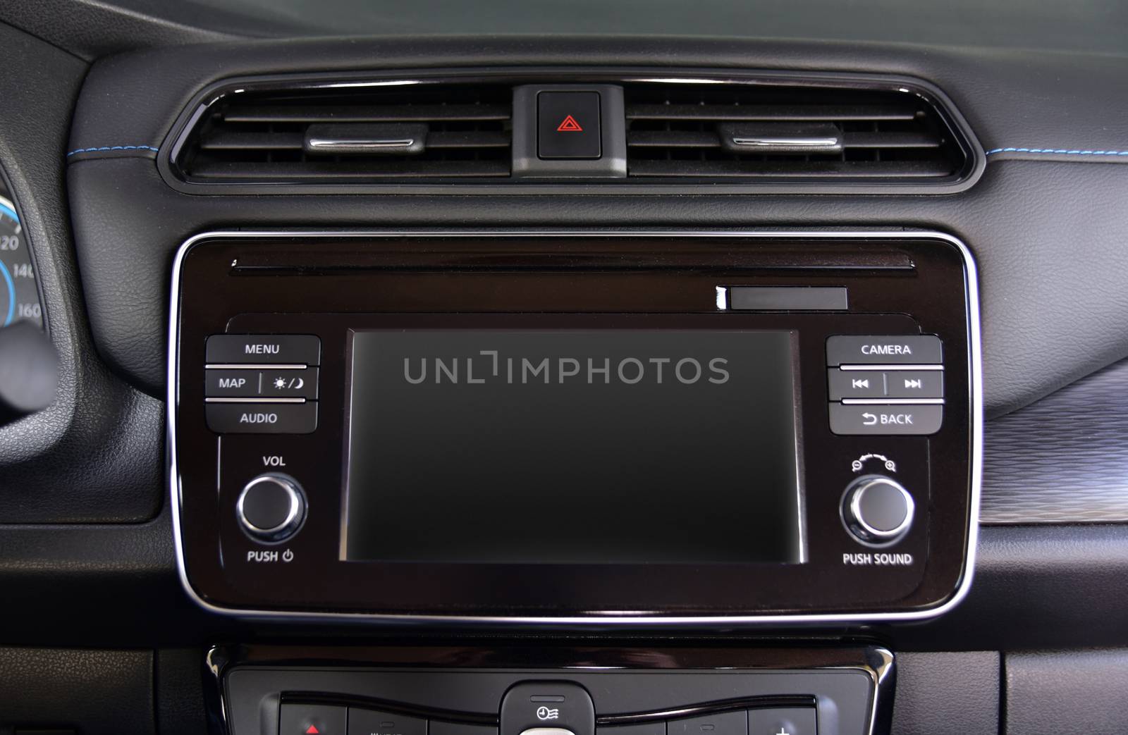 Modern car dashboard. Screen multimedia system. Interior detail