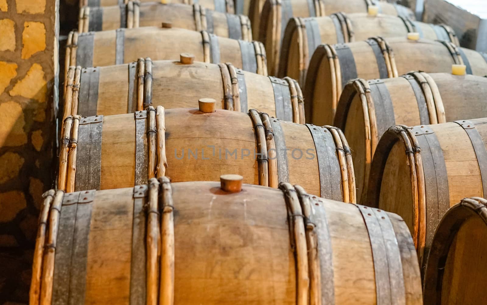 wooden wine barrels in the wine cellar by aselsa
