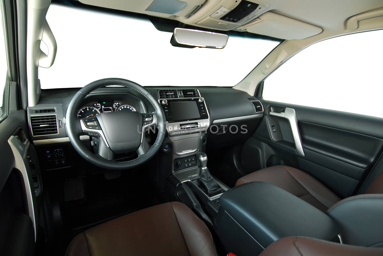 studio shot passenger car interior, front view