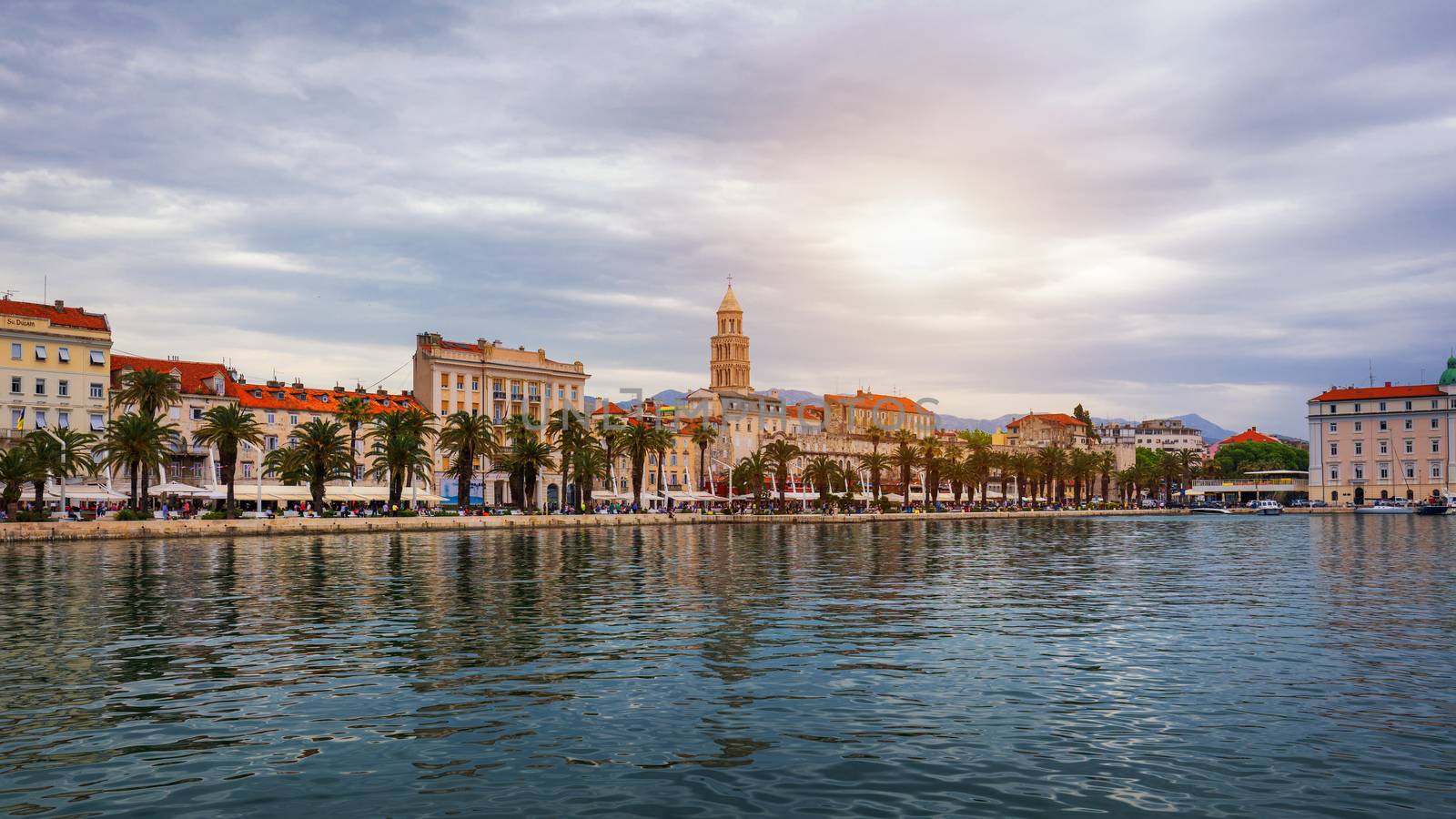 Split, Croatia (region of Dalmatia). UNESCO World Heritage Site. View of Split city, Diocletian Palace and Mosor mountains in background. Split panoramic view of town, Dalmatia, Croatia.