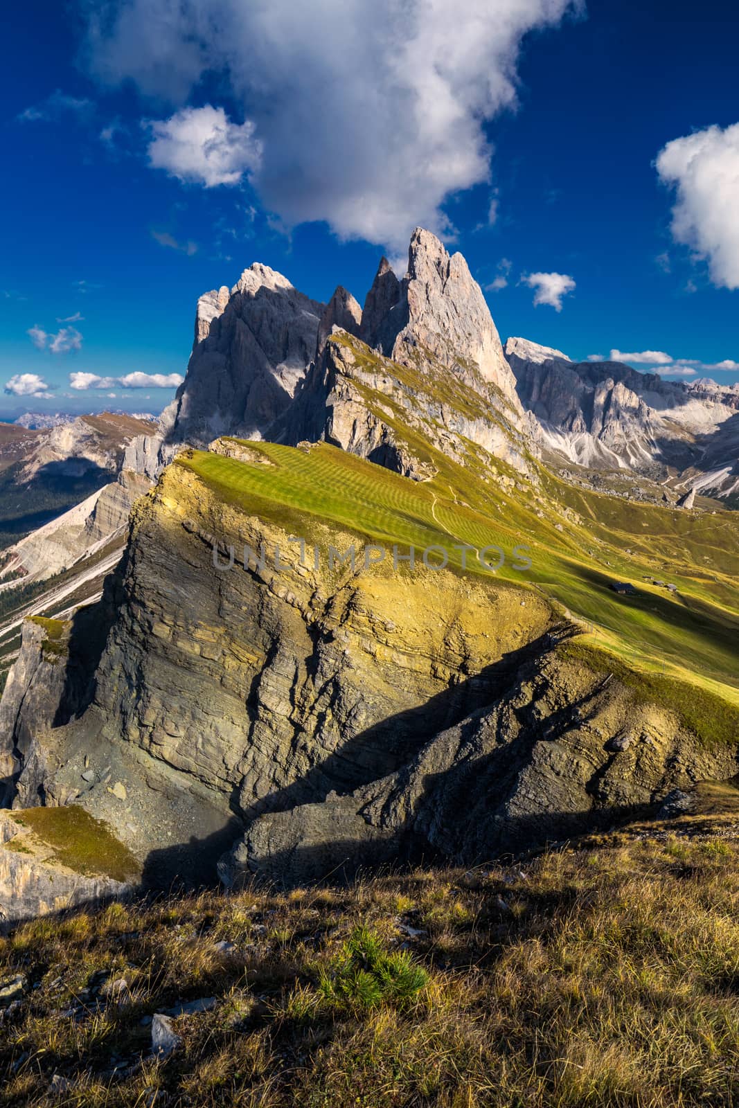 View on Seceda peak. Trentino Alto Adige, Dolomites Alps, South Tyrol, Italy. Odle mountain range, Val Gardena. Majestic Furchetta peak. Odles group seen from Seceda, Santa Cristina Val Gardena.