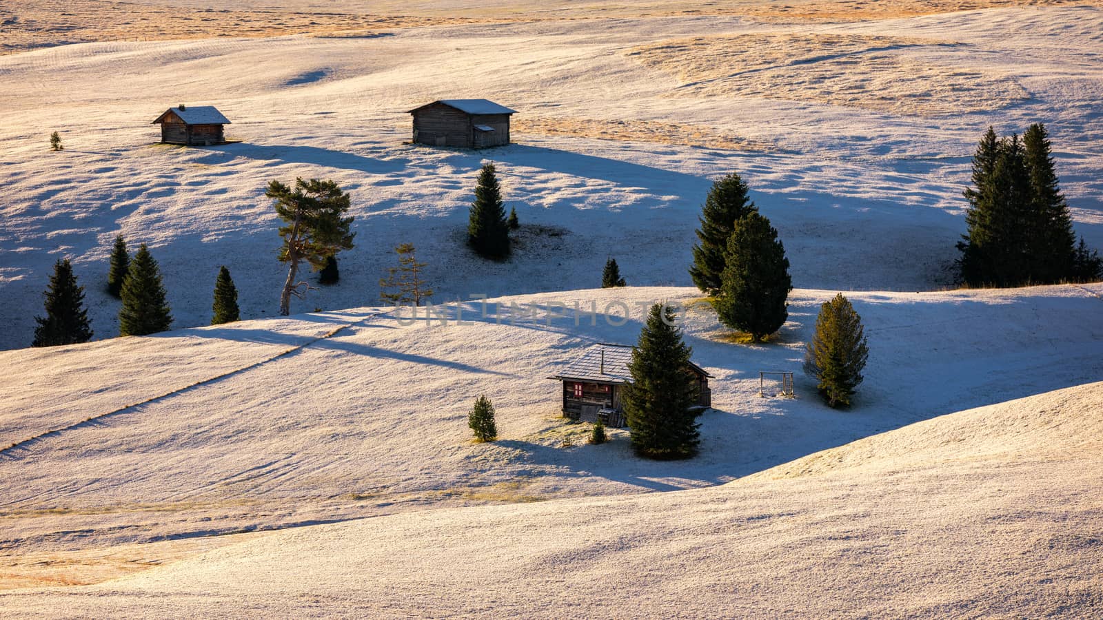 Alpe di Siusi or Seiser Alm with Sassolungo, Langkofel mountain group in background. Alpe di Siusi or Seiser Alm, Sassolungo and Sassopiatto mountains, Trentino Alto Adige, Sud Tyrol, Italy, Europe.