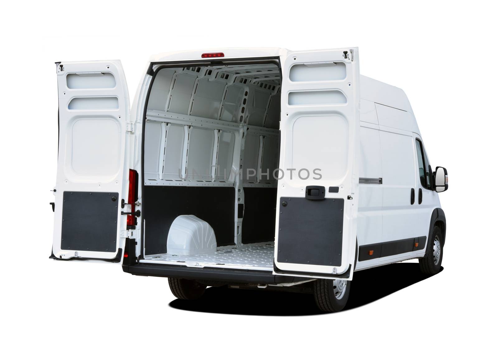 Empty white van with rear doors opened
