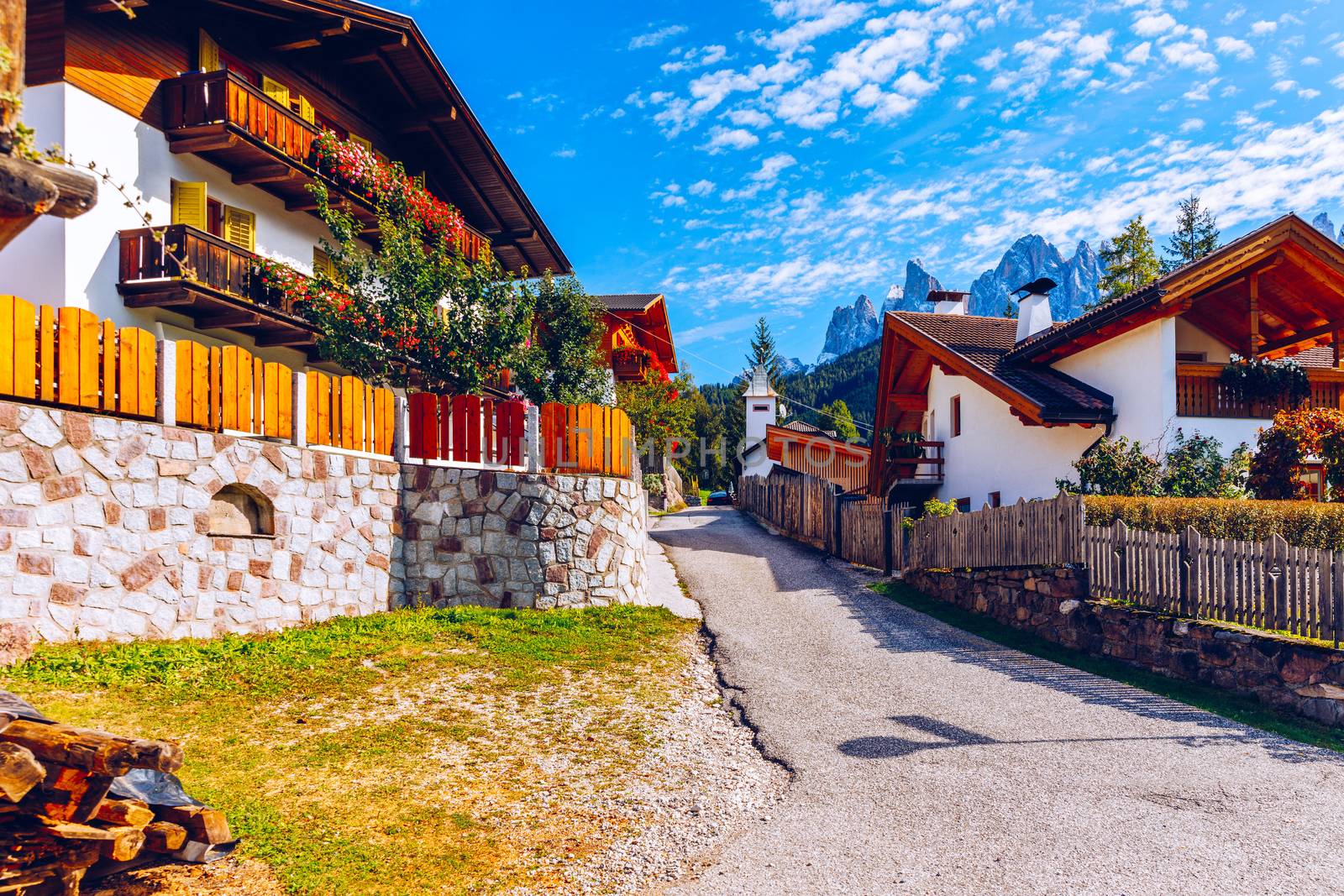 Street view of Santa Maddalena (Santa Magdalena) village, Val di Funes valley, Trentino Alto Adige region, South Tyrol, Italy, Europe. Santa Maddalena Village, Italy. 