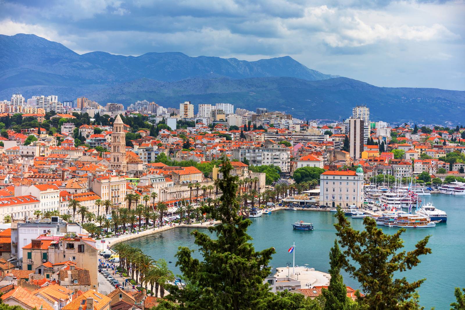 Split, Croatia (region of Dalmatia). UNESCO World Heritage Site. View of Split city, Diocletian Palace and Mosor mountains in background. Split panoramic view of town, Dalmatia, Croatia.