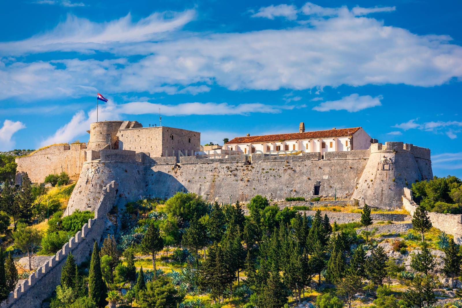 The Fortica fortress (Spanish Fort or Spanjola Fortres) on the Hvar island in Croatia. Ancient fortress on Hvar island over town (citadel), popular touristic attraction of Adriatic coast, Croatia.