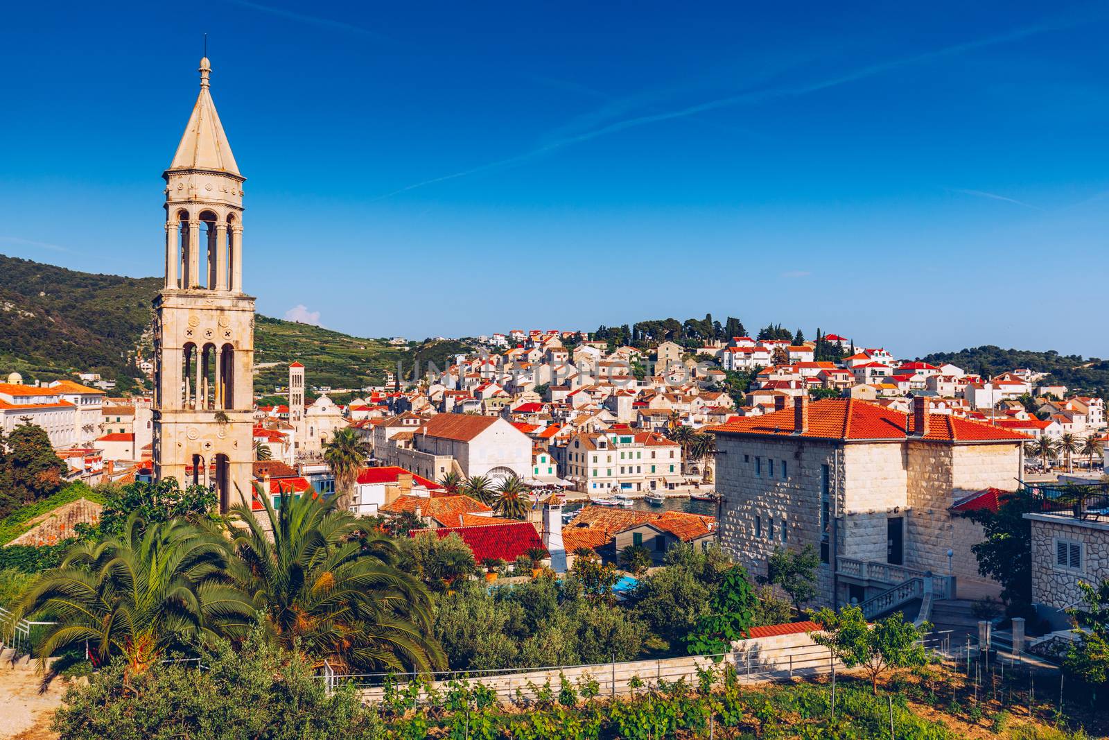 View at amazing archipelago in front of town Hvar, Croatia. Harbor of old Adriatic island town Hvar. Popular touristic destination of Croatia. Amazing Hvar city on Hvar island, Croatia.