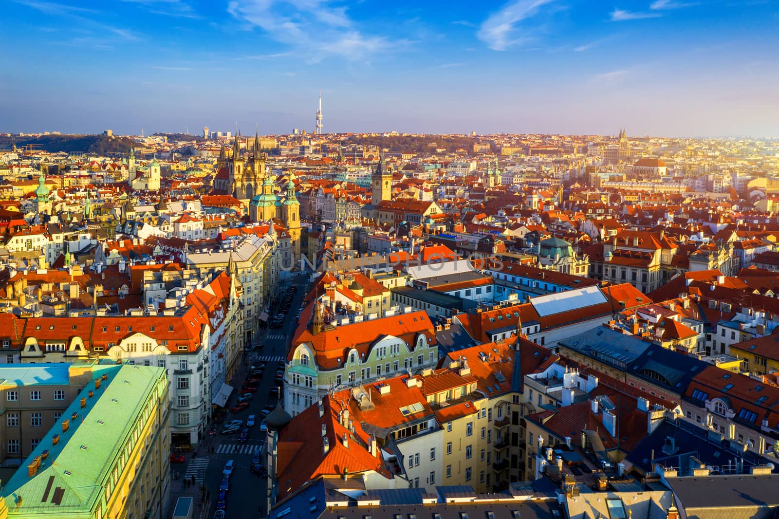 Aerial Prague panoramic drone view of the city of Prague at the Old Town Square, Czechia. Prague Old Town historical center of Prague, buildings and landmarks of old town, Prague, Czech Republic. 