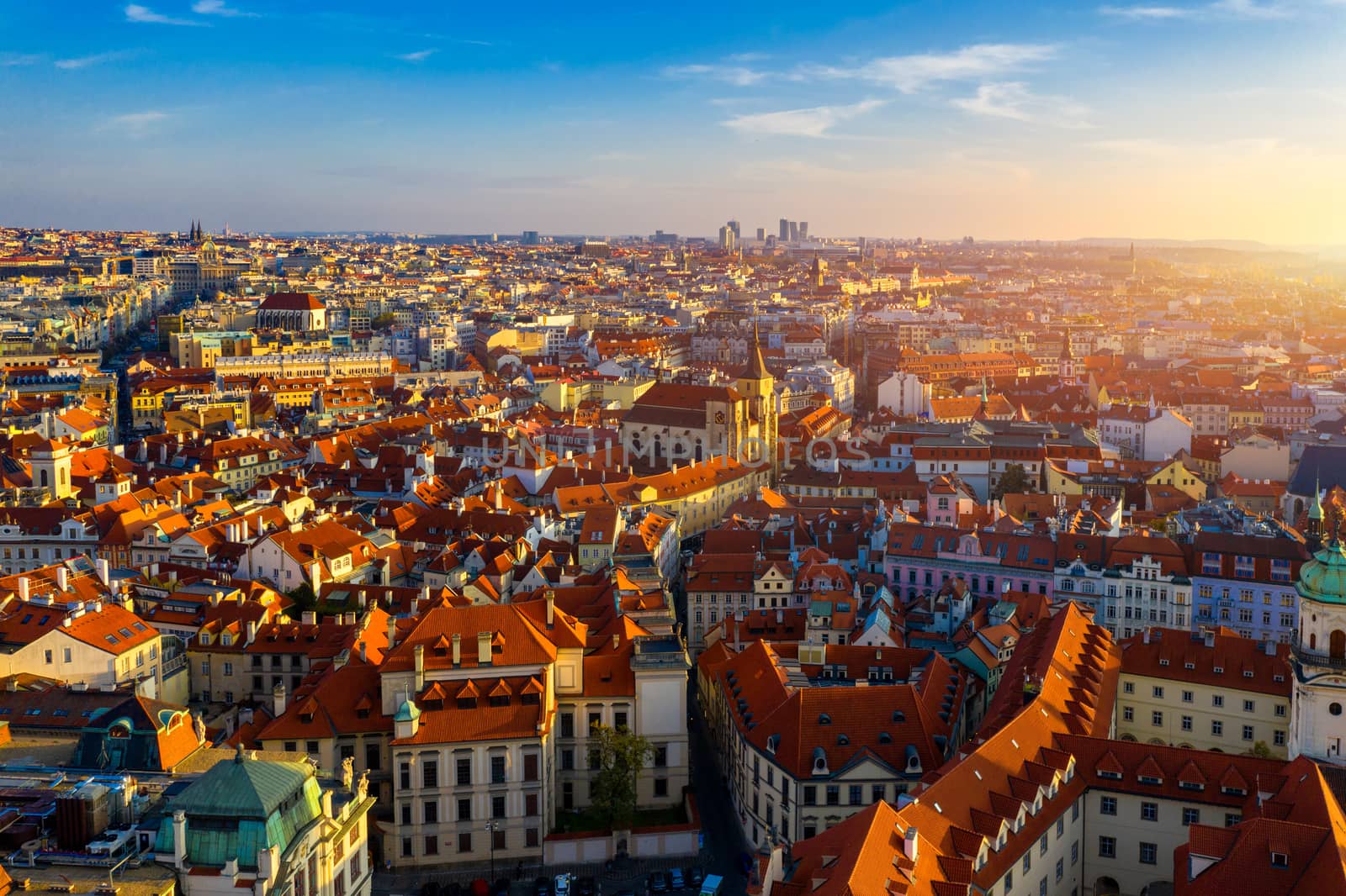 Aerial Prague panoramic drone view of the city of Prague at the Old Town Square, Czechia. Prague Old Town historical center of Prague, buildings and landmarks of old town, Prague, Czech Republic. 