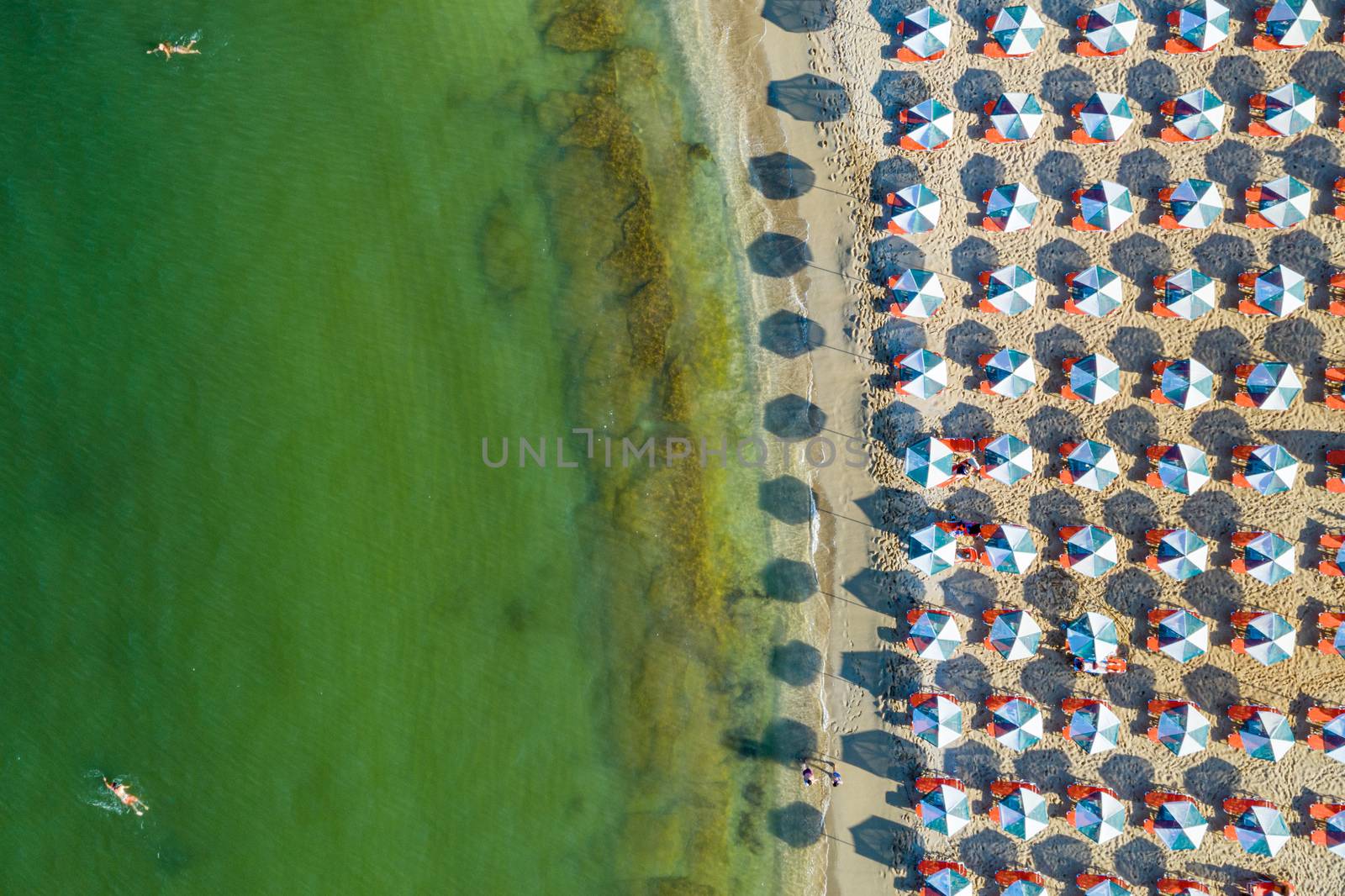 Aerial view of sandy beach with colorful umbrellas, swimming people in sea bay with transparent blue water at sunset in summer. Aerial top view on the beach, umbrellas, sand and sea waves.
