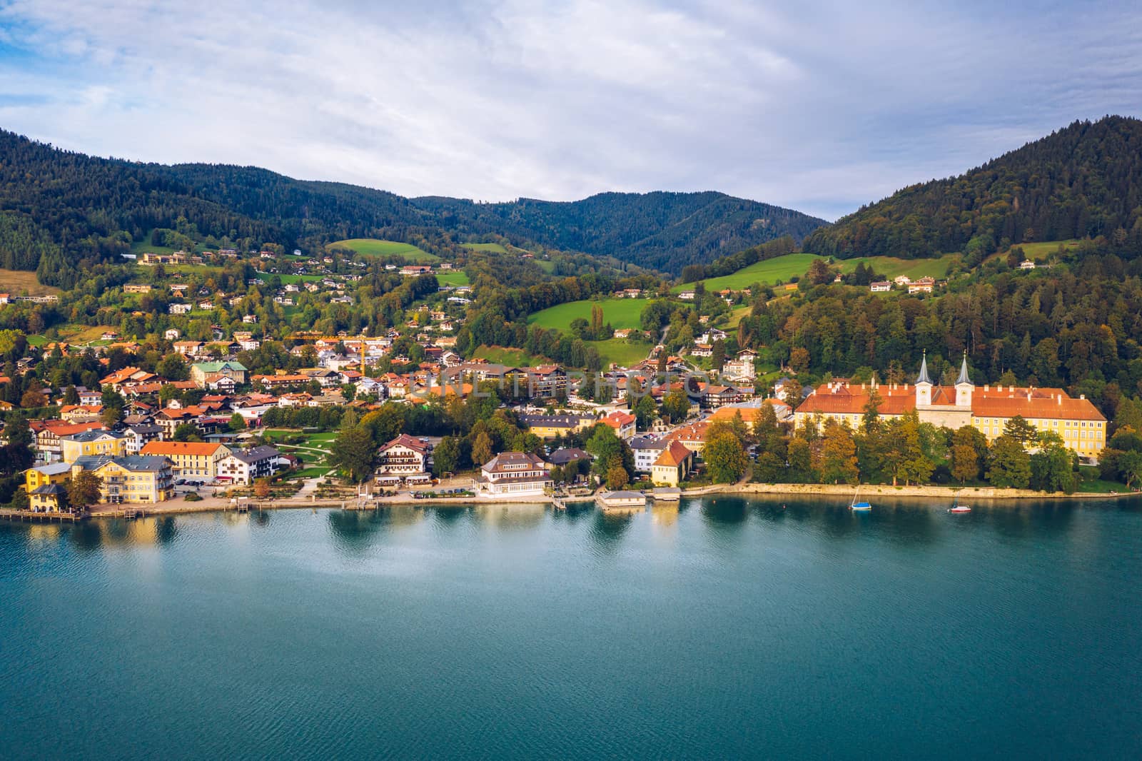 Tegernsee, Germany. Lake Tegernsee in Rottach-Egern (Bavaria), Germany near the Austrian border. Aerial view of the lake "Tegernsee" in the Alps of Bavaria. Bad Wiessee. Tegernsee lake in Bavaria. 