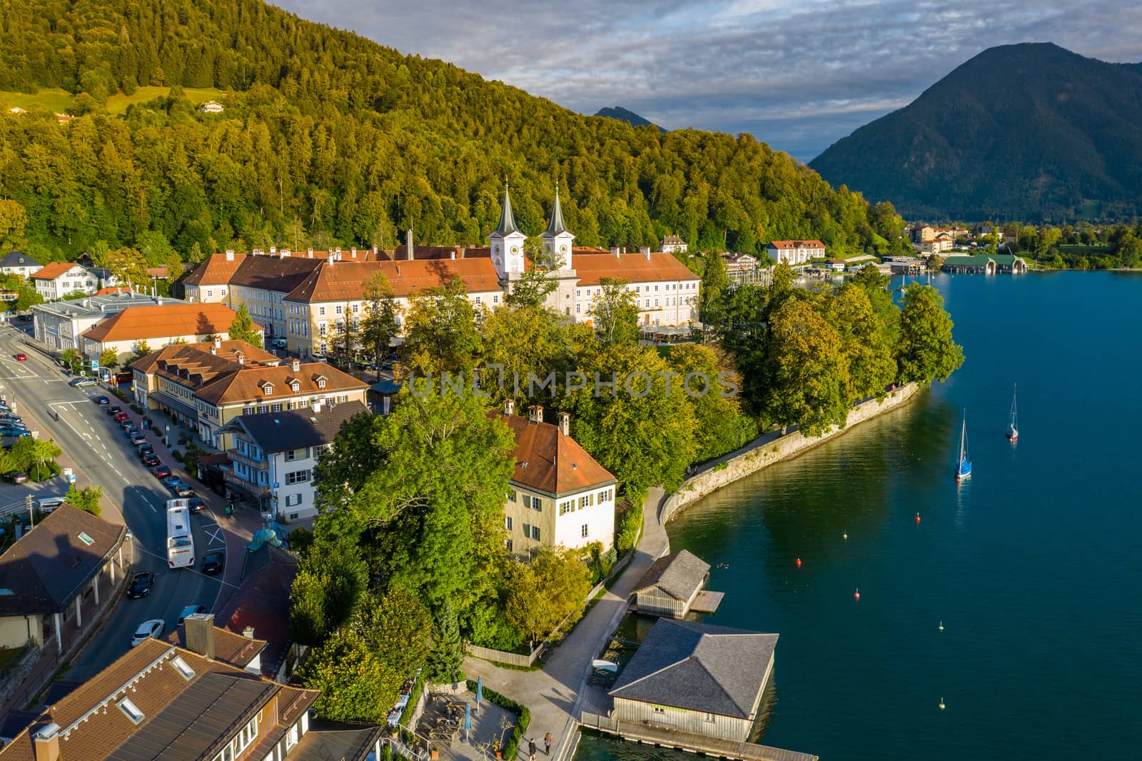Tegernsee, Germany. Lake Tegernsee in Rottach-Egern (Bavaria), Germany near the Austrian border. Aerial view of the lake "Tegernsee" in the Alps of Bavaria. Bad Wiessee. Tegernsee lake in Bavaria. 