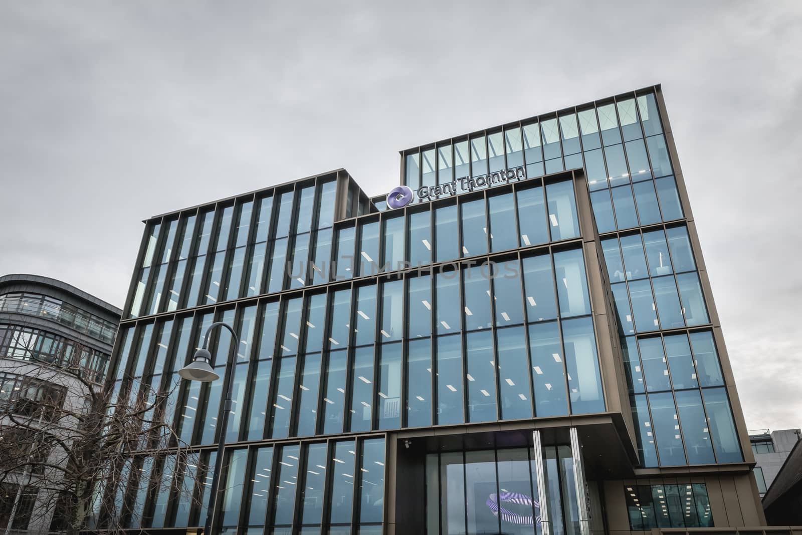 Dublin, Ireland - February 12, 2019: Architecture detail of the Grant Thornton International Tower, an audit, consulting and financial advisory group on a winter day