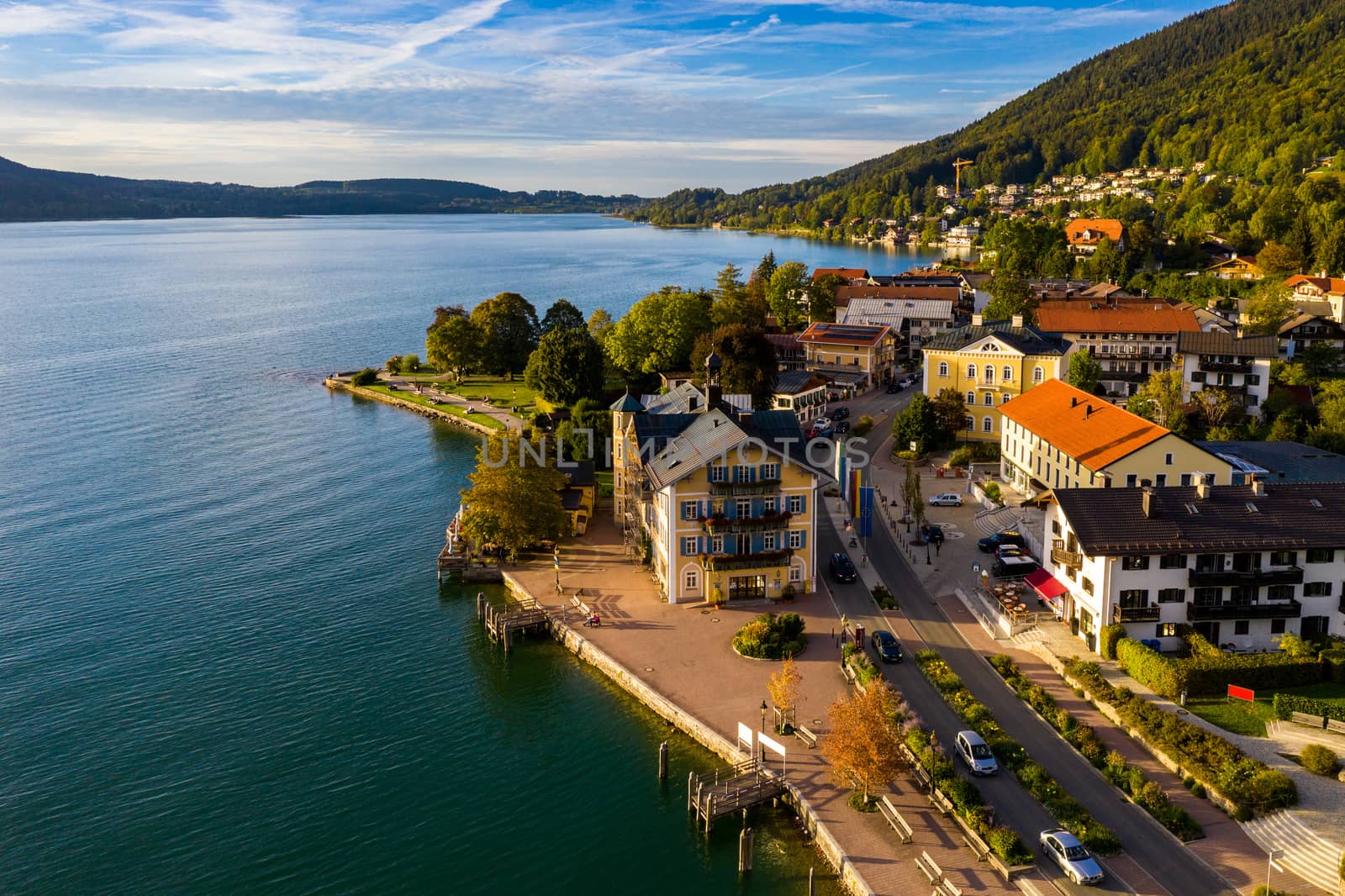 Tegernsee, Germany. Lake Tegernsee in Rottach-Egern (Bavaria), Germany near the Austrian border. Aerial view of the lake "Tegernsee" in the Alps of Bavaria. Bad Wiessee. Tegernsee lake in Bavaria. 