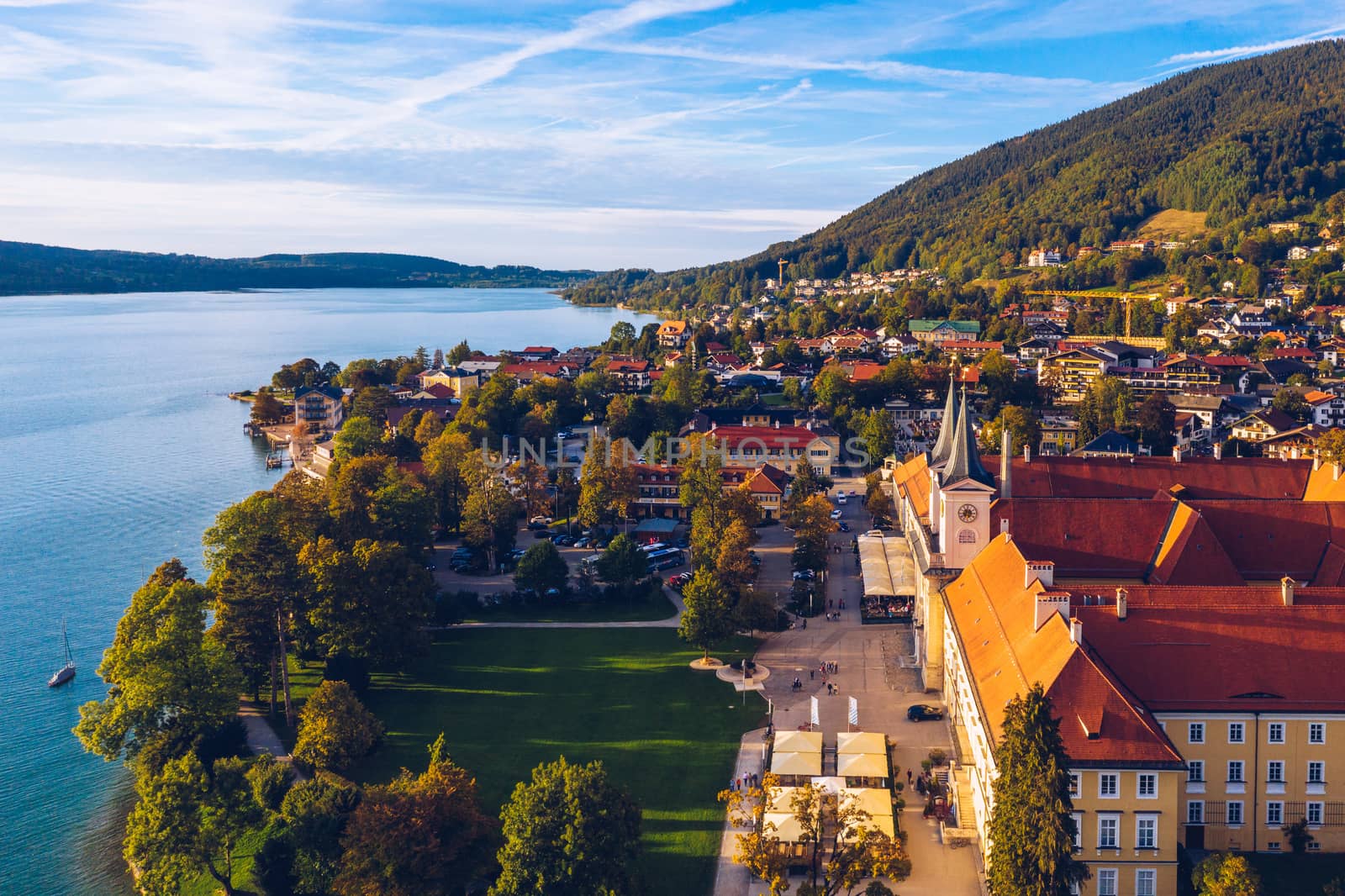 Tegernsee, Germany. Lake Tegernsee in Rottach-Egern (Bavaria), Germany near the Austrian border. Aerial view of the lake "Tegernsee" in the Alps of Bavaria. Bad Wiessee. Tegernsee lake in Bavaria. 
