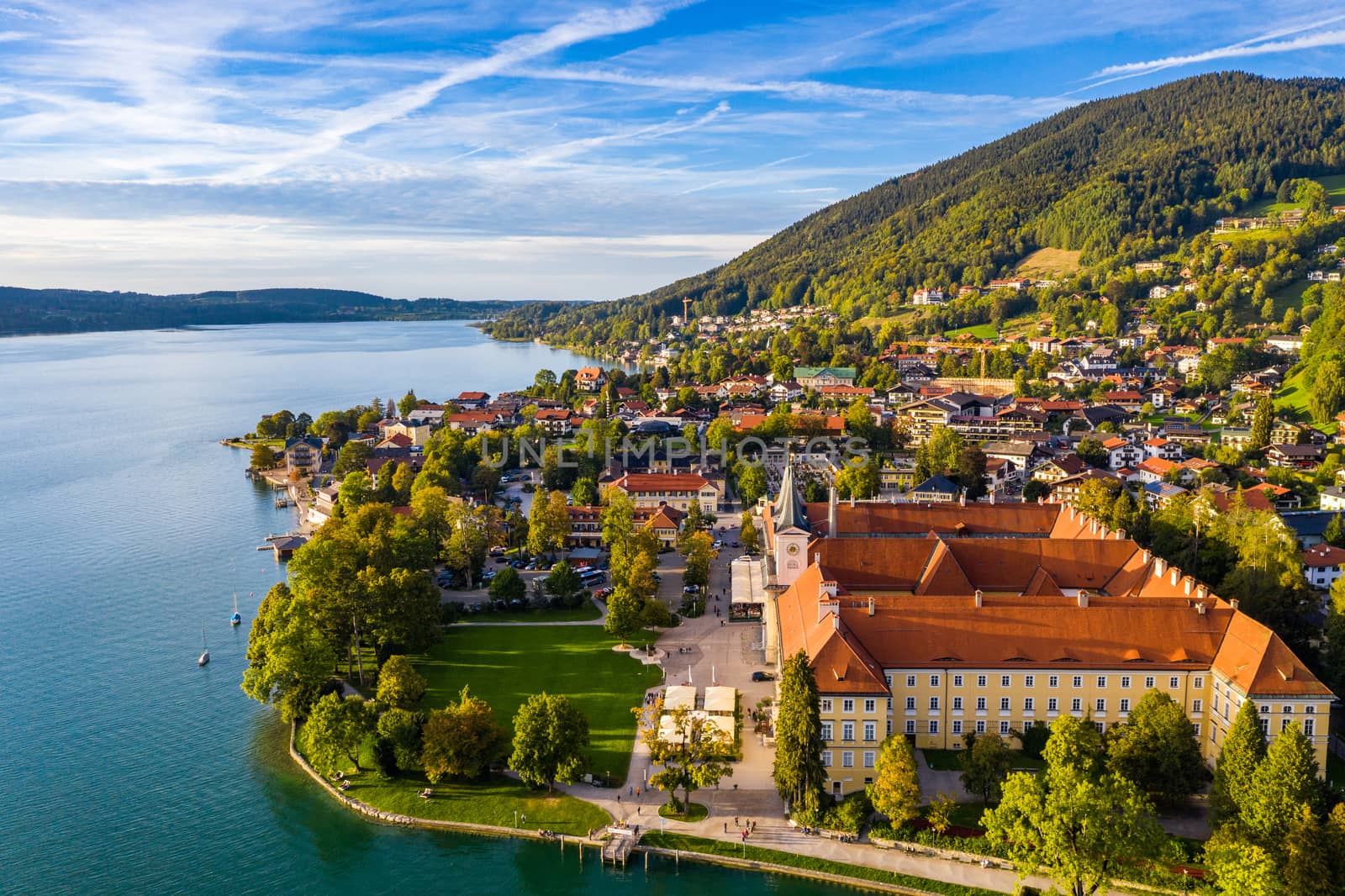 Tegernsee, Germany. Lake Tegernsee in Rottach-Egern (Bavaria), Germany near the Austrian border. Aerial view of the lake "Tegernsee" in the Alps of Bavaria. Bad Wiessee. Tegernsee lake in Bavaria. 