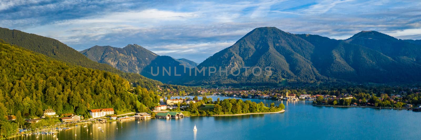 Tegernsee, Germany. Lake Tegernsee in Rottach-Egern (Bavaria), Germany near the Austrian border. Aerial view of the lake "Tegernsee" in the Alps of Bavaria. Bad Wiessee. Tegernsee lake in Bavaria. 