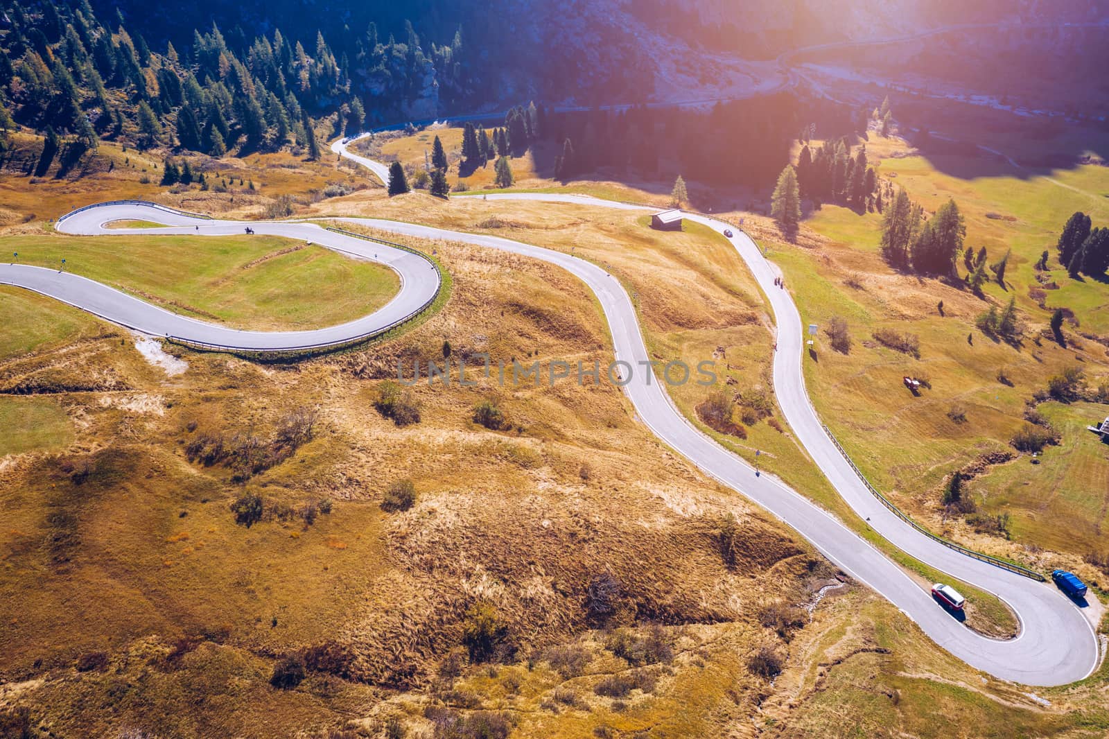 Gardena Pass, Trentino Alto Adige, Italy. Gardena Pass with Sassolungo mountain on the background. Passo Gardena, alpine pass between Val Badia and Val Gardena, South Tyrol, Italy.