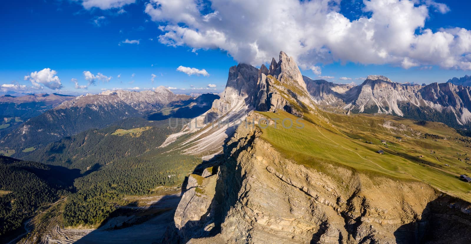 Panorama on Seceda peaks. Trentino Alto Adige, Dolomites Alps, South Tyrol, Italy. Odle mountain range, Val Gardena. Majestic Furchetta peak. Odles group seen from Seceda, Santa Cristina Val Gardena.