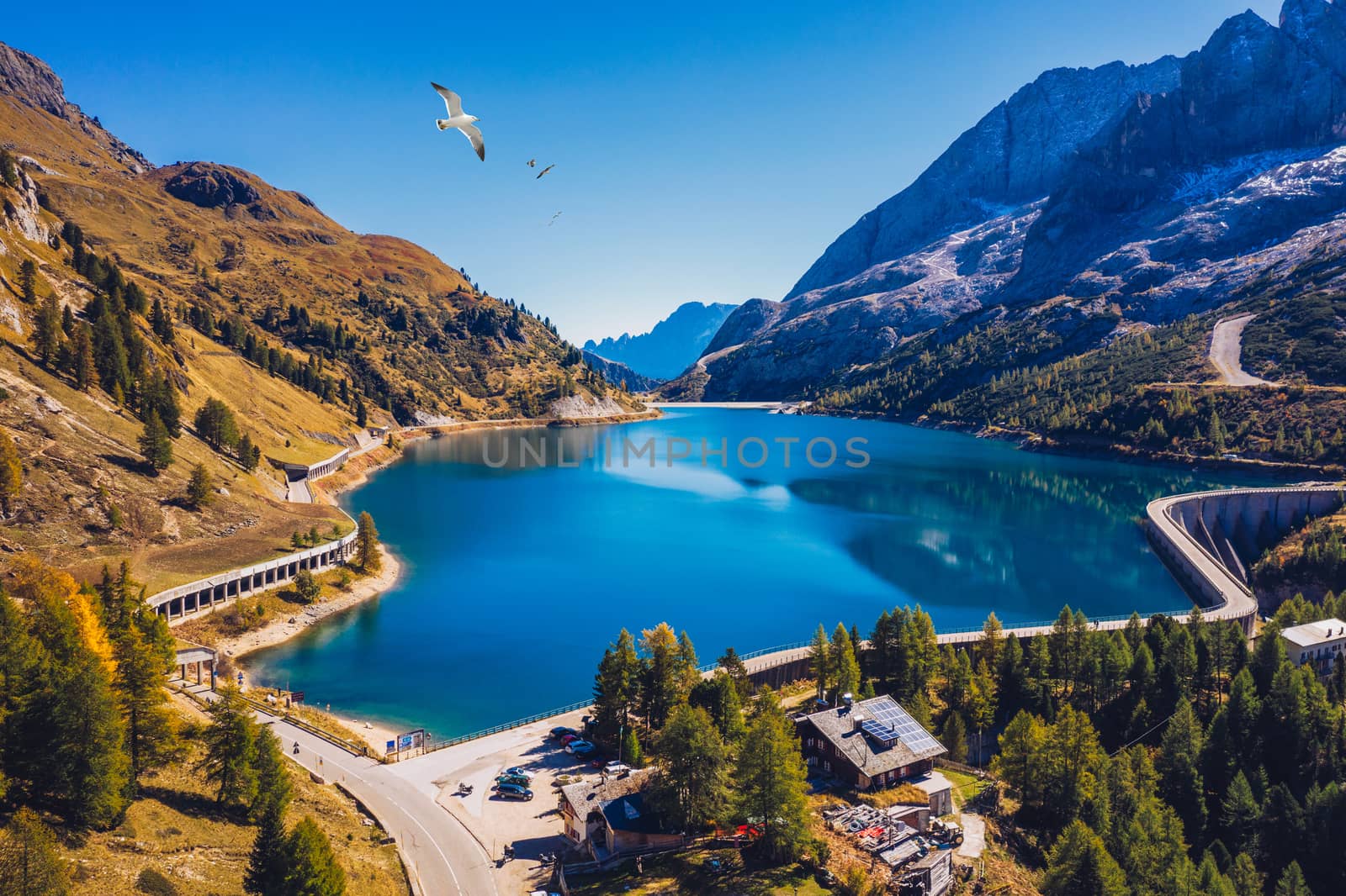 Lago Fedaia (Fedaia Lake), Fassa Valley, Trentino Alto Adige, an artificial lake and a dam near Canazei city, located at the foot of Marmolada massif. Fedaia Lake is the Province of Belluno, Italy.