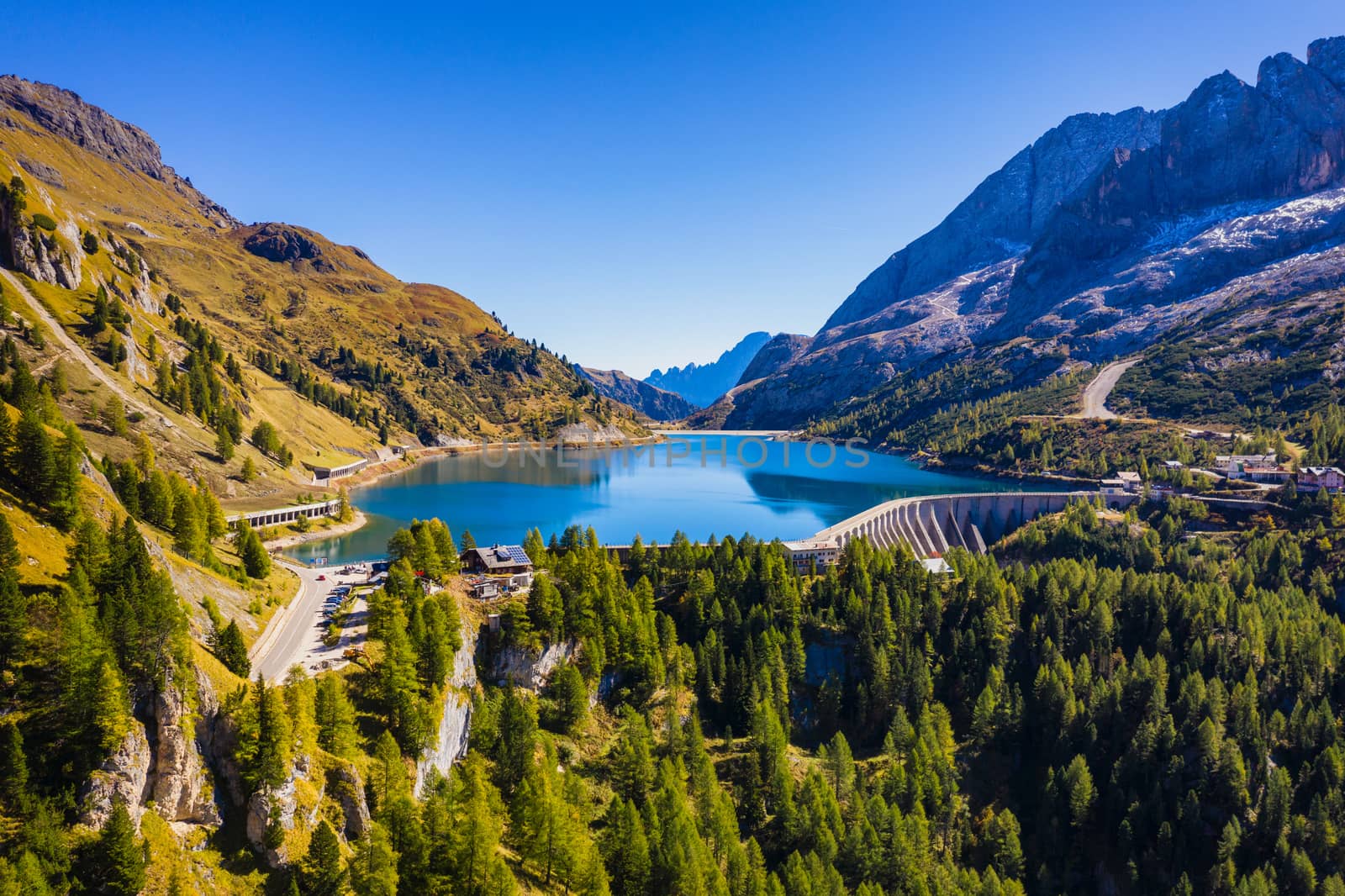 Lago Fedaia (Fedaia Lake), Fassa Valley, Trentino Alto Adige, an artificial lake and a dam near Canazei city, located at the foot of Marmolada massif. Fedaia Lake is the Province of Belluno, Italy.