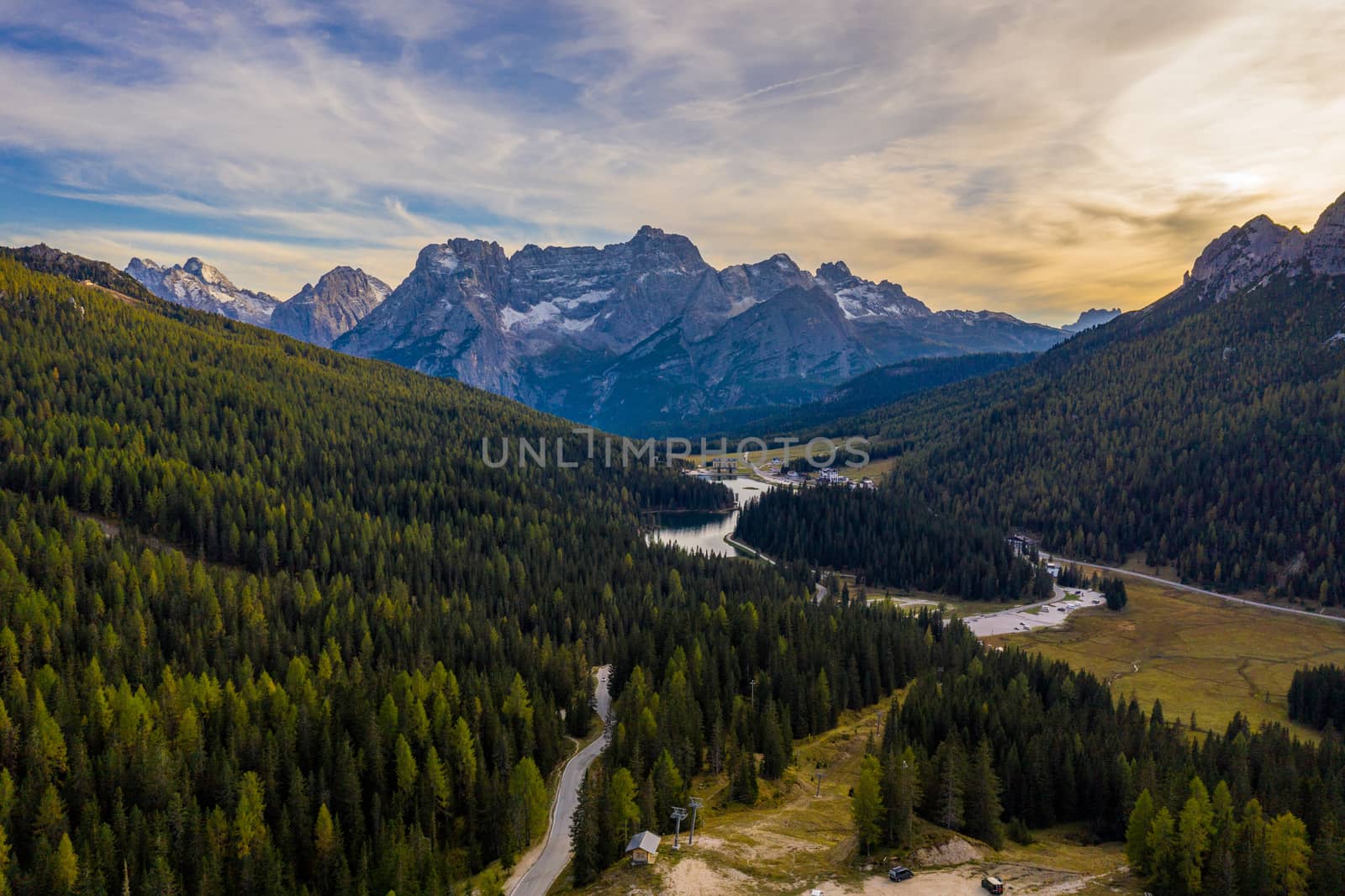 Tre Cime di Lavaredo peaks seen from Misurina lake in Dolomites, Italy in winter, Belluno-Trentino Alto Adige border. Misurina lake, Tre Cime di Lavaredo, Auronzo, Dolomiti, South Tyrol, Italy.