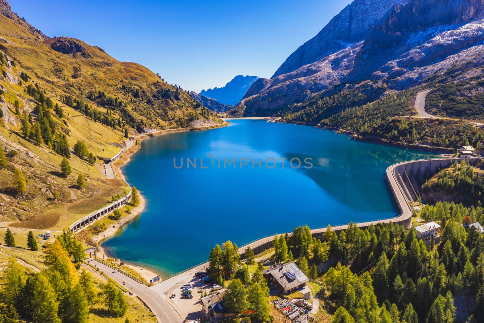 Lago Fedaia (Fedaia Lake), Fassa Valley, Trentino Alto Adige, an artificial lake and a dam near Canazei city, located at the foot of Marmolada massif. Fedaia Lake is the Province of Belluno, Italy.