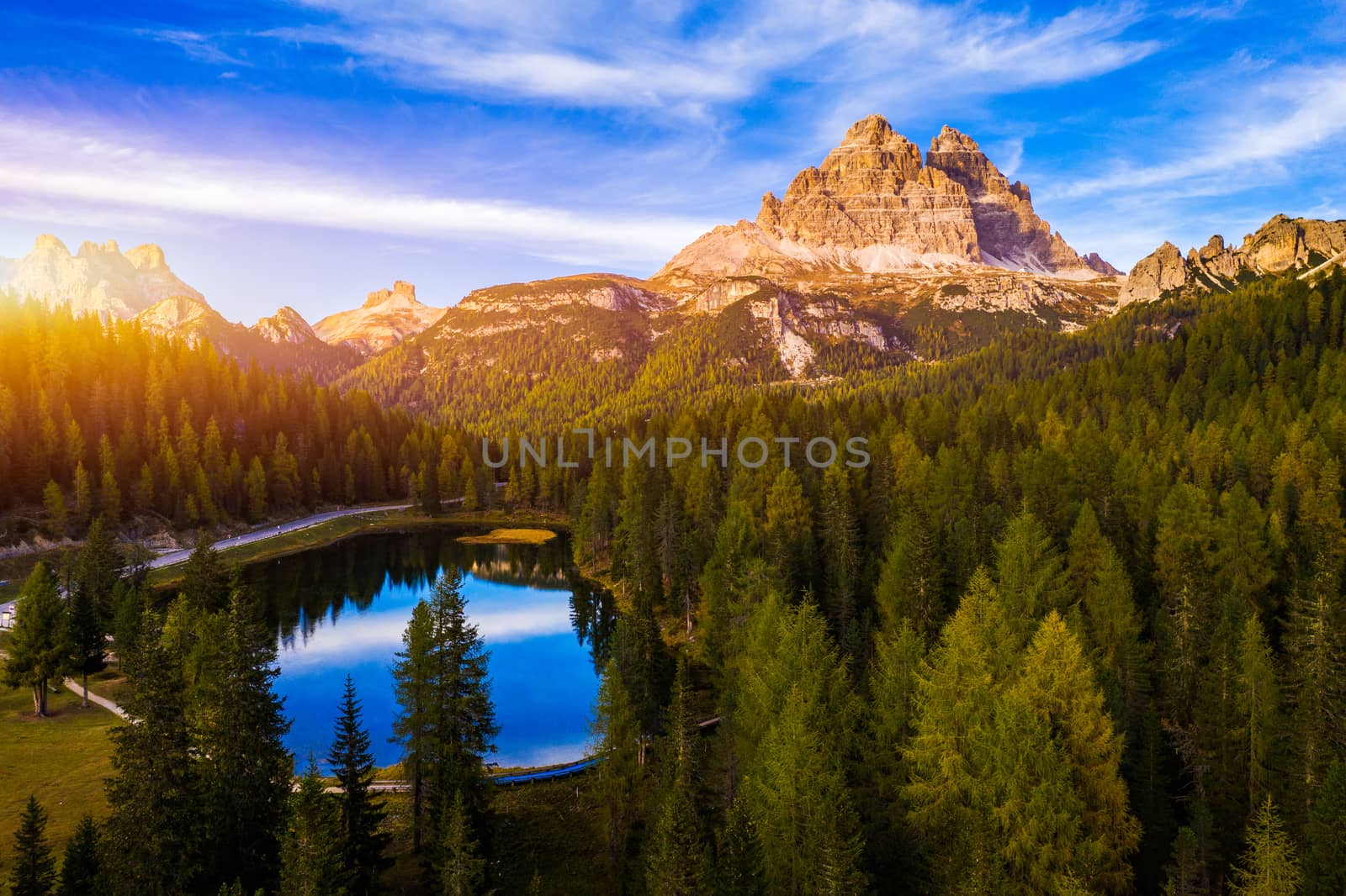 Aerial drone view of Lake Antorno (Lago di Antorno) located in Dolomites area, Belluno Province, Italy. Lake Antorno, Three Peaks of Lavaredo, Lake Antorno and Tre Cime di Lavaredo, Dolomites, Italy.