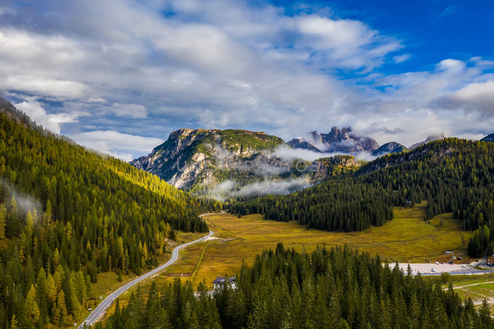 Scenic aerial view of a winding trekking path in a forest. Trekking path in the forest from above, drone view. Aerial top view of a trail in the middle of a forest. Aerial view of footpath in forest.