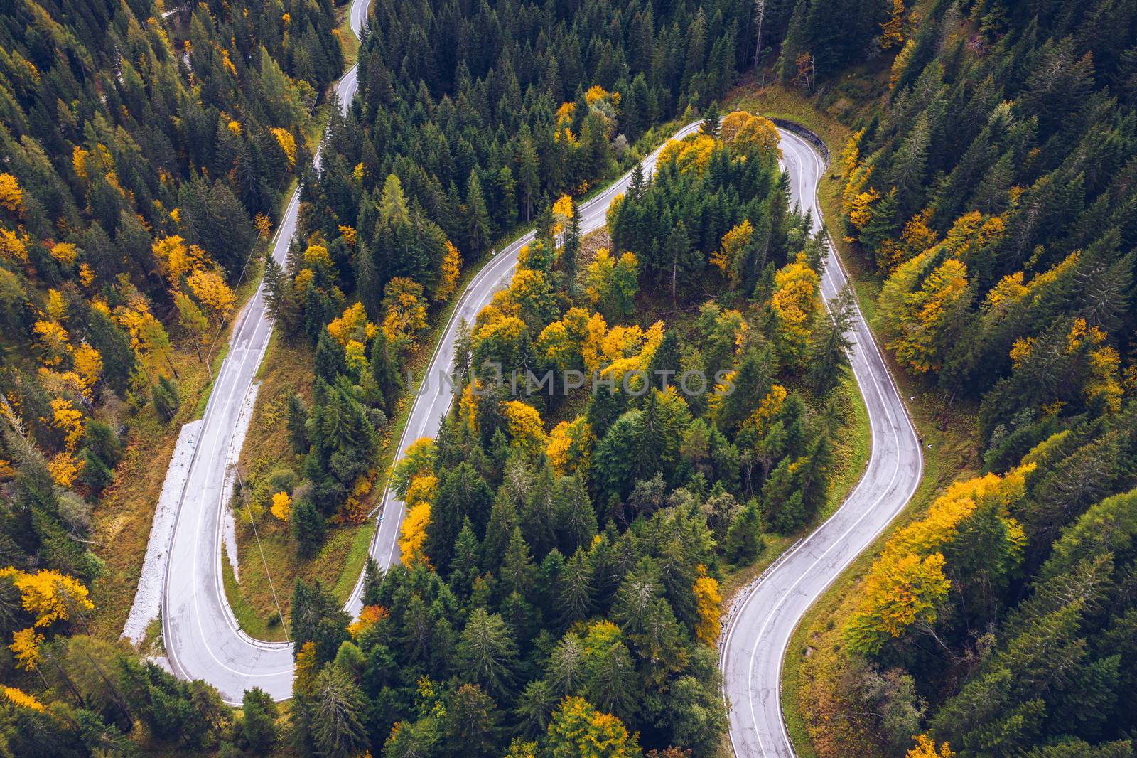 Curved bending road in the forest. Aerial image of a road. Forrest pattern. Scenic curvy road seen from a drone in autumn. Aerial top down view of zig zag winding mountain road, drone shot.