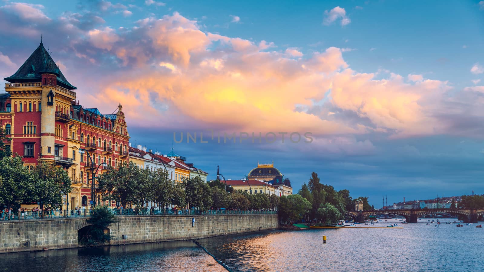 Charles Bridge in Prague in Czechia. Prague, Czech Republic. Charles Bridge (Karluv Most) and Old Town Tower. Vltava River and Charles Bridge. Concept of world travel, sightseeing and tourism.