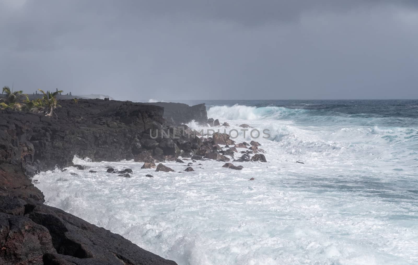 Azure wave crashes on black lava coast at Kaimu Beach, Hawaii, U by Claudine