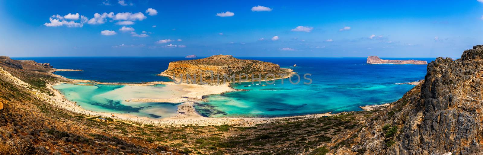 Amazing beach with turquoise water at Balos Lagoon and Gramvousa in Crete, Greece. Cap tigani in the center. Balos beach on Crete island, Greece. Landscape of Balos beach at Crete island in Greece.
