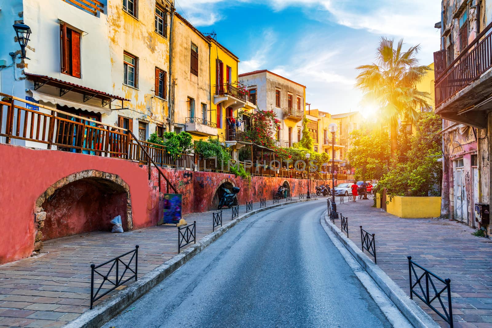 Street in the old town of Chania, Crete, Greece. Charming streets of Greek islands, Crete. Beautiful street in Chania, Crete island, Greece. Summer landscape. Chania old street of Crete island Greece.