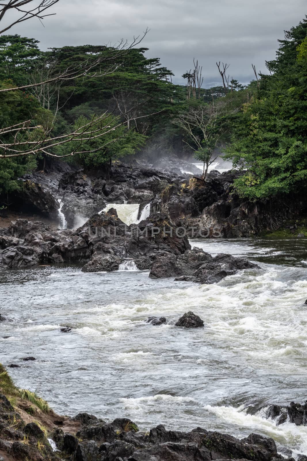 Hilo, Hawaii, USA. - January 14, 2020: White water of Wailuku River surrounded by green trees and plants above Rainbow Falls runs over black volcanic rocks under rainy cloudscape.