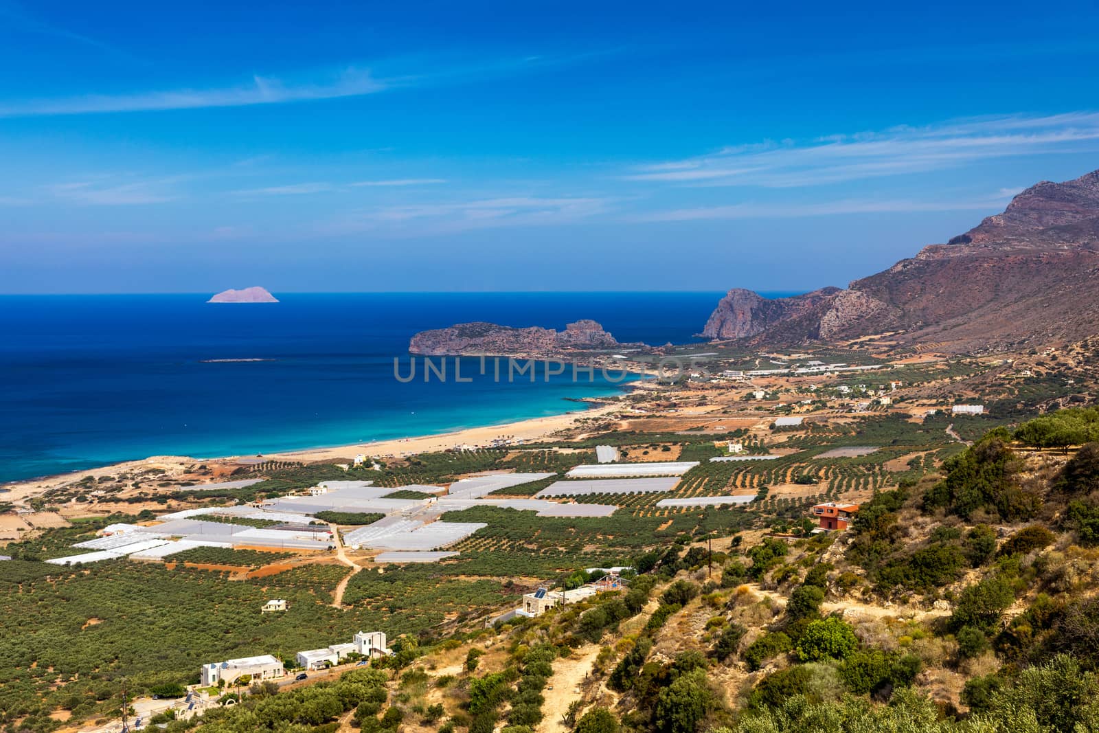 Shot of beautiful turquoise beach Falasarna (Falassarna) in Crete, Greece. View of famous paradise sandy deep turquoise beach of Falasarna (Phalasarna) in North West, Crete island, Greece.