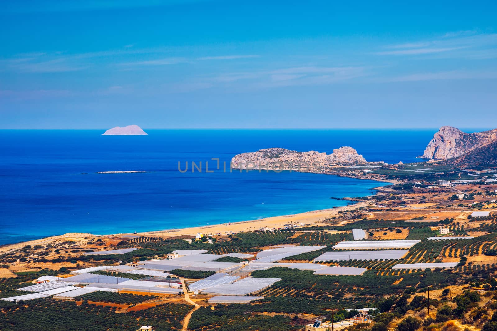 Shot of beautiful turquoise beach Falasarna (Falassarna) in Crete, Greece. View of famous paradise sandy deep turquoise beach of Falasarna (Phalasarna) in North West, Crete island, Greece.