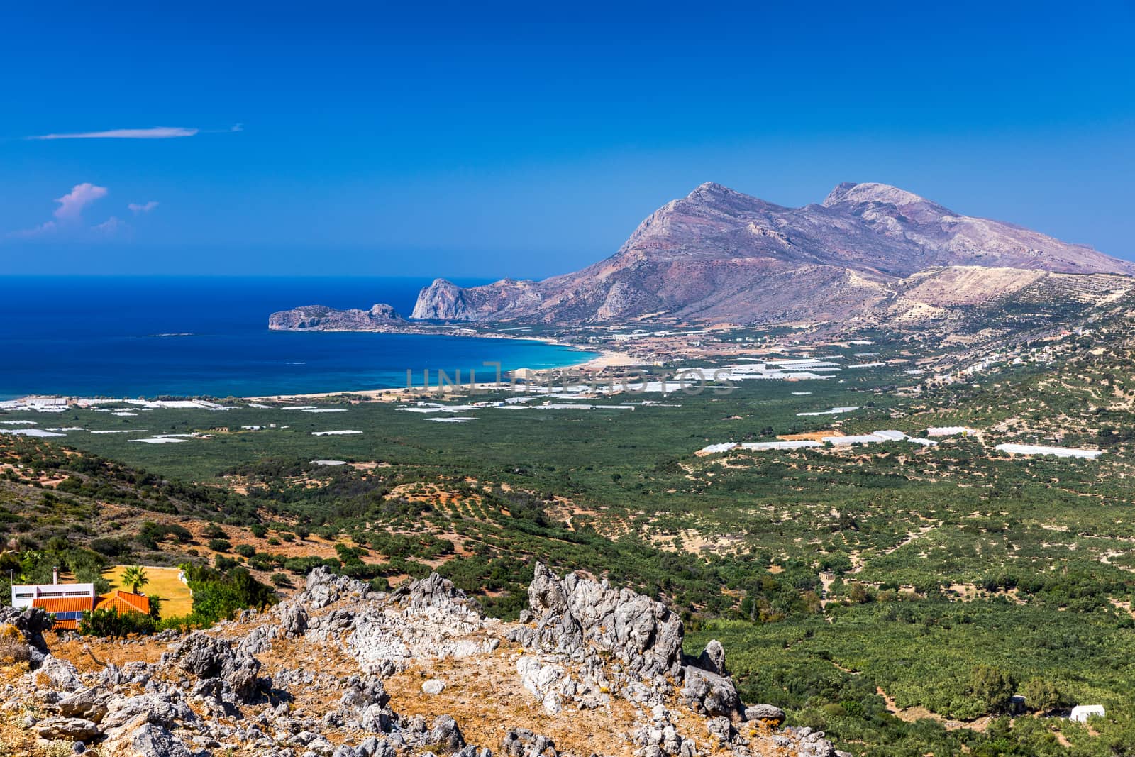 Shot of beautiful turquoise beach Falasarna (Falassarna) in Crete, Greece. View of famous paradise sandy deep turquoise beach of Falasarna (Phalasarna) in North West, Crete island, Greece.