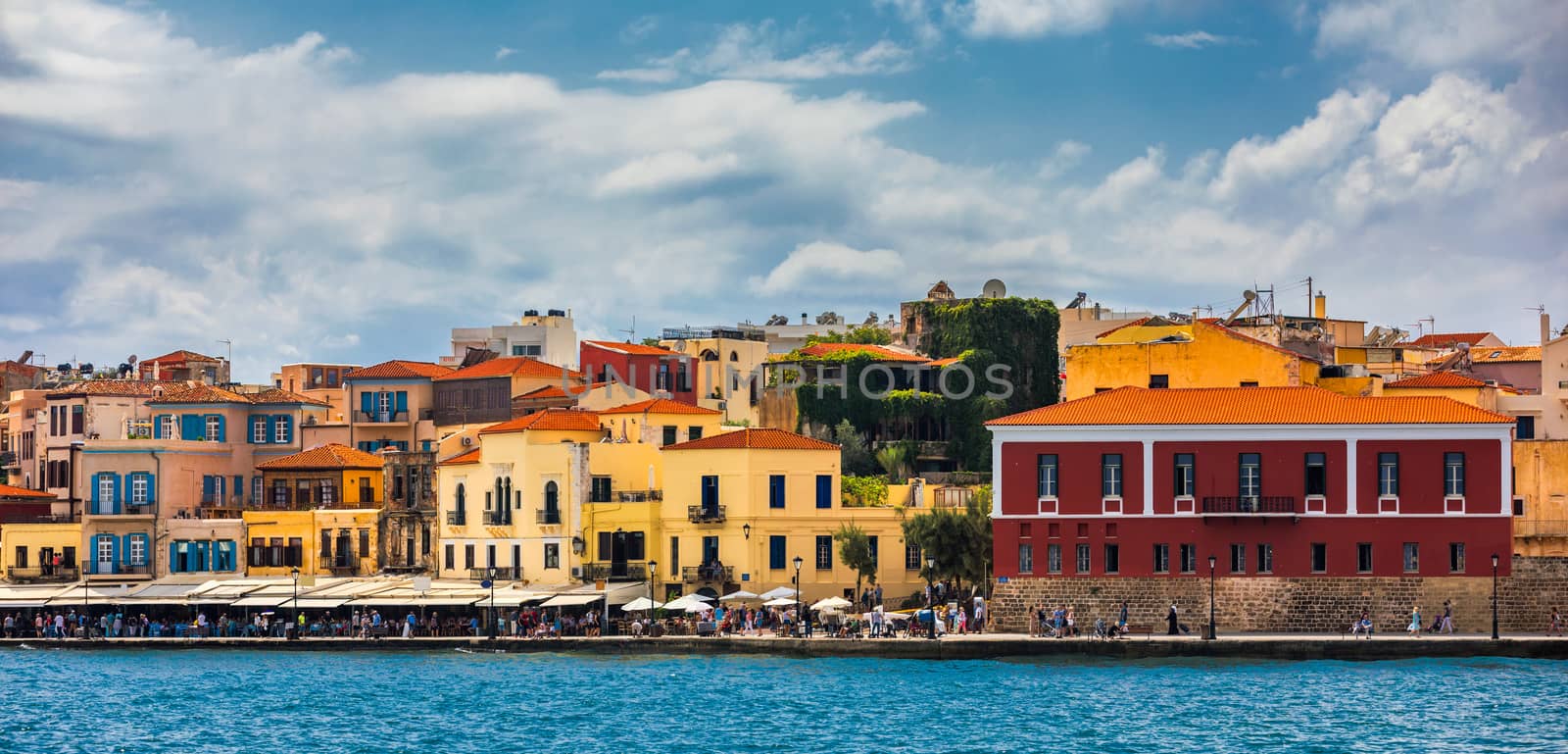 Picturesque old port of Chania. Landmarks of Crete island. Greece. Bay of Chania at sunny summer day, Crete Greece. View of the old port of Chania, Crete, Greece. The port of chania, or Hania. 