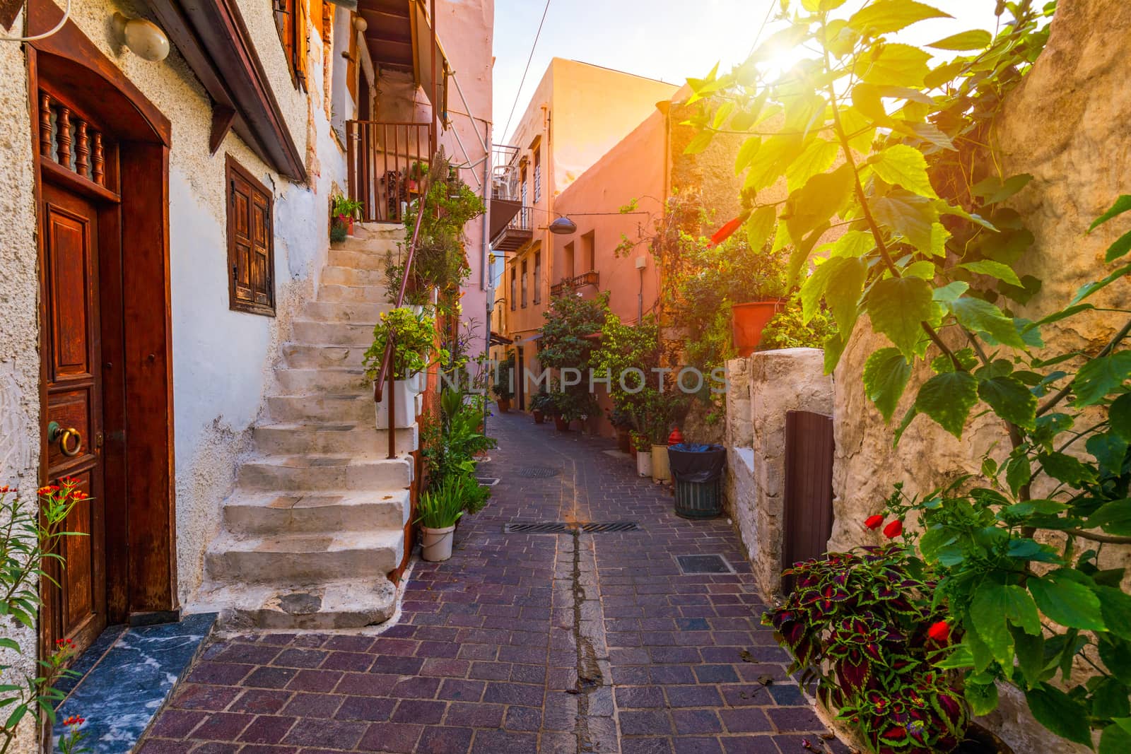 Street in the old town of Chania, Crete, Greece. Charming streets of Greek islands, Crete. Beautiful street in Chania, Crete island, Greece. Summer landscape. Chania old street of Crete island Greece.