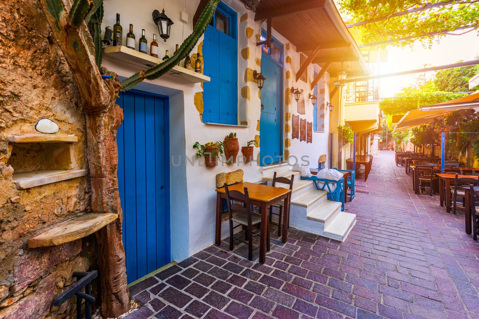 Street in the old town of Chania, Crete, Greece. Charming streets of Greek islands, Crete. Beautiful street in Chania, Crete island, Greece. Summer landscape. Chania old street of Crete island Greece.